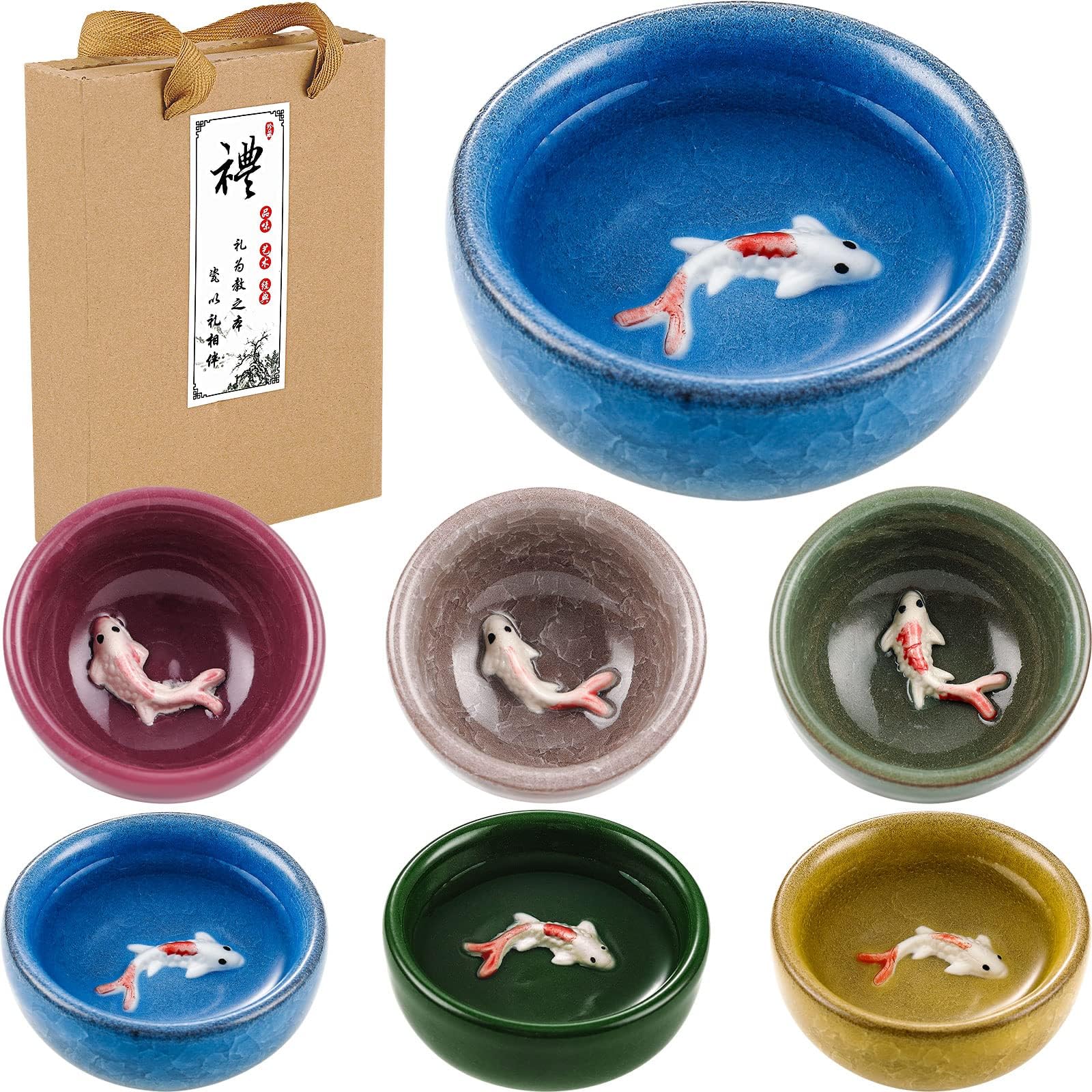 6 Pieces Korean Soju Shot Glasses Sets Porcelain Cups Korean Ceramic Cups Tea Accessories Drinkware, Handcrafted Ceramic(Colorful,Koi Fish Pattern)