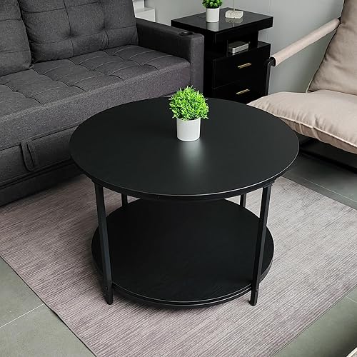 Mesas de centro redondas Sala escritorio de madera rústica de 2 niveles de 31.5 pulgadas y patas de metal resistentes, mesas de centro circulares