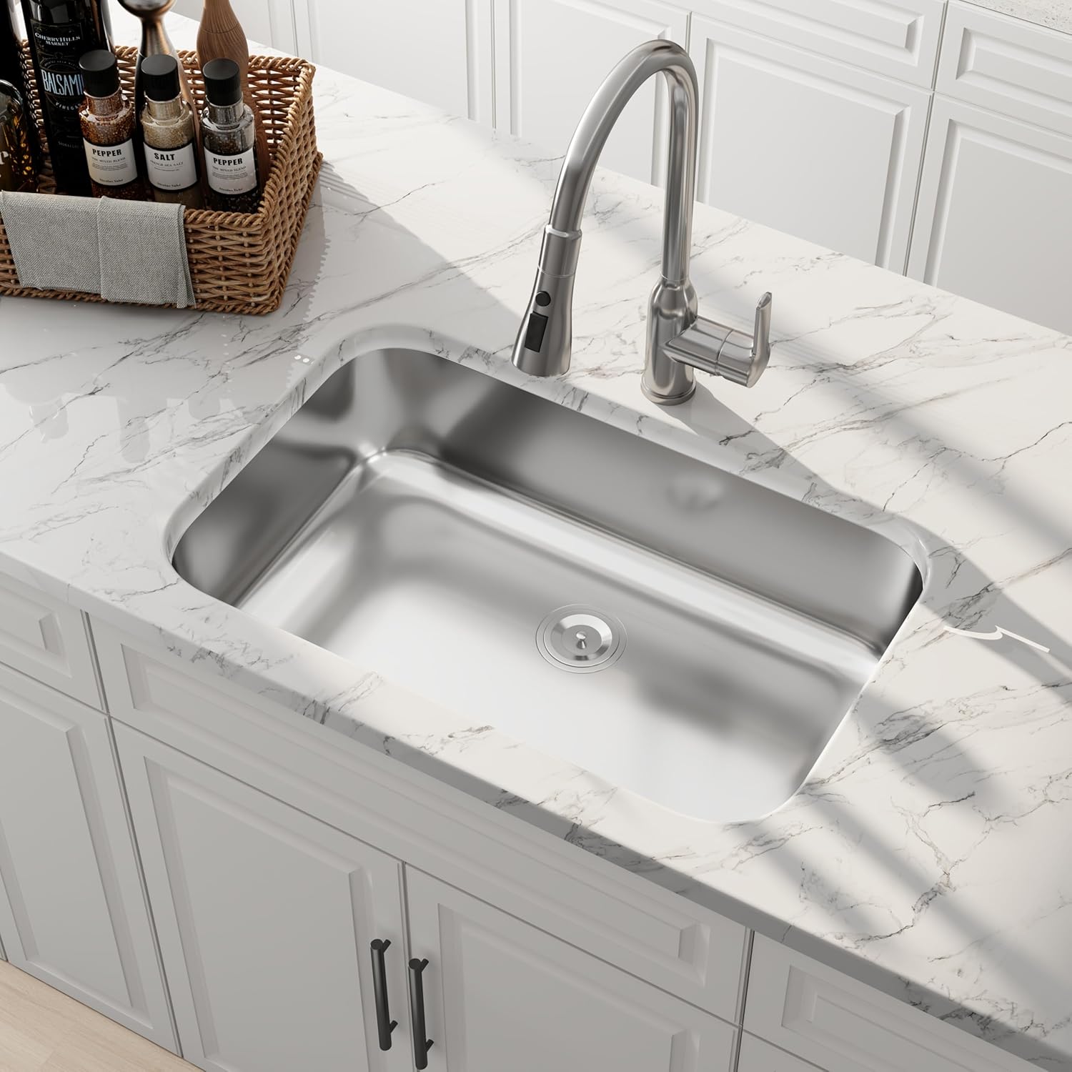 32 Inch Undermount Single Bowl Kitchen Sink, 18 Gauge 304 Stainless Steel Curved Shape Commercial Grade Satin Finish Kitchen Sinks, Strainer Included, 32" x 18" x 9"