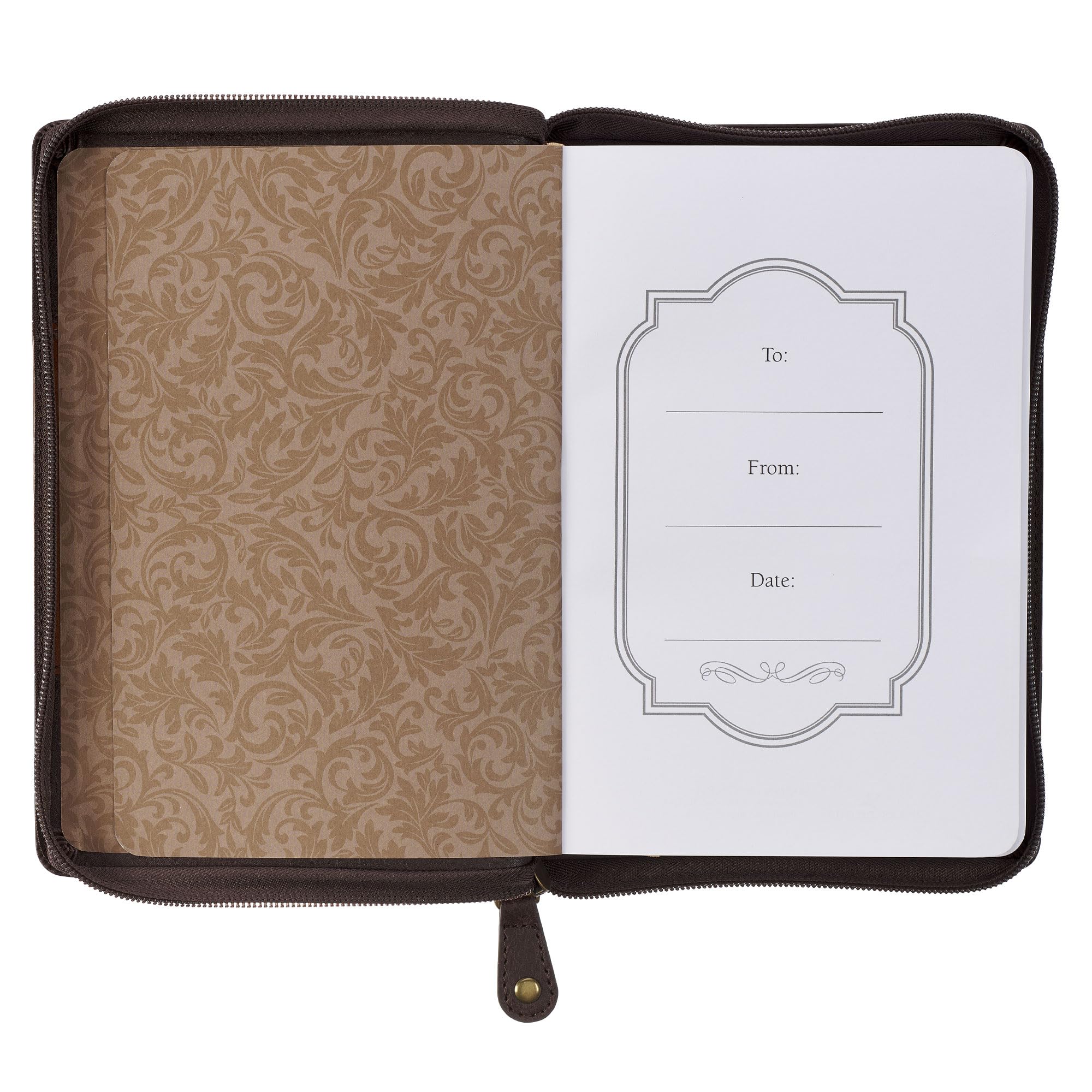 Christian Art Gifts Diario in pelle vegana marrone con cerniera, notebook da uomo ispiratore Scrittura dell'uomo di Dio, copertina flessibile, 336 pagine a righe, segnalibro a nastro, 1 tim. 6:11