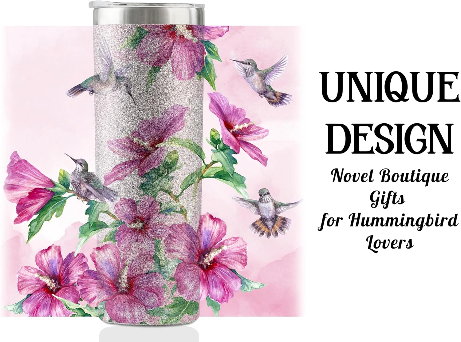 Onebttl Hummingbird Gifts - 20oz/590ml Stainless Steel Insulated Glitter Tumbler With Straw for Women, Her and Lovers - Skinny Coffee Cup - Pink - Image 3