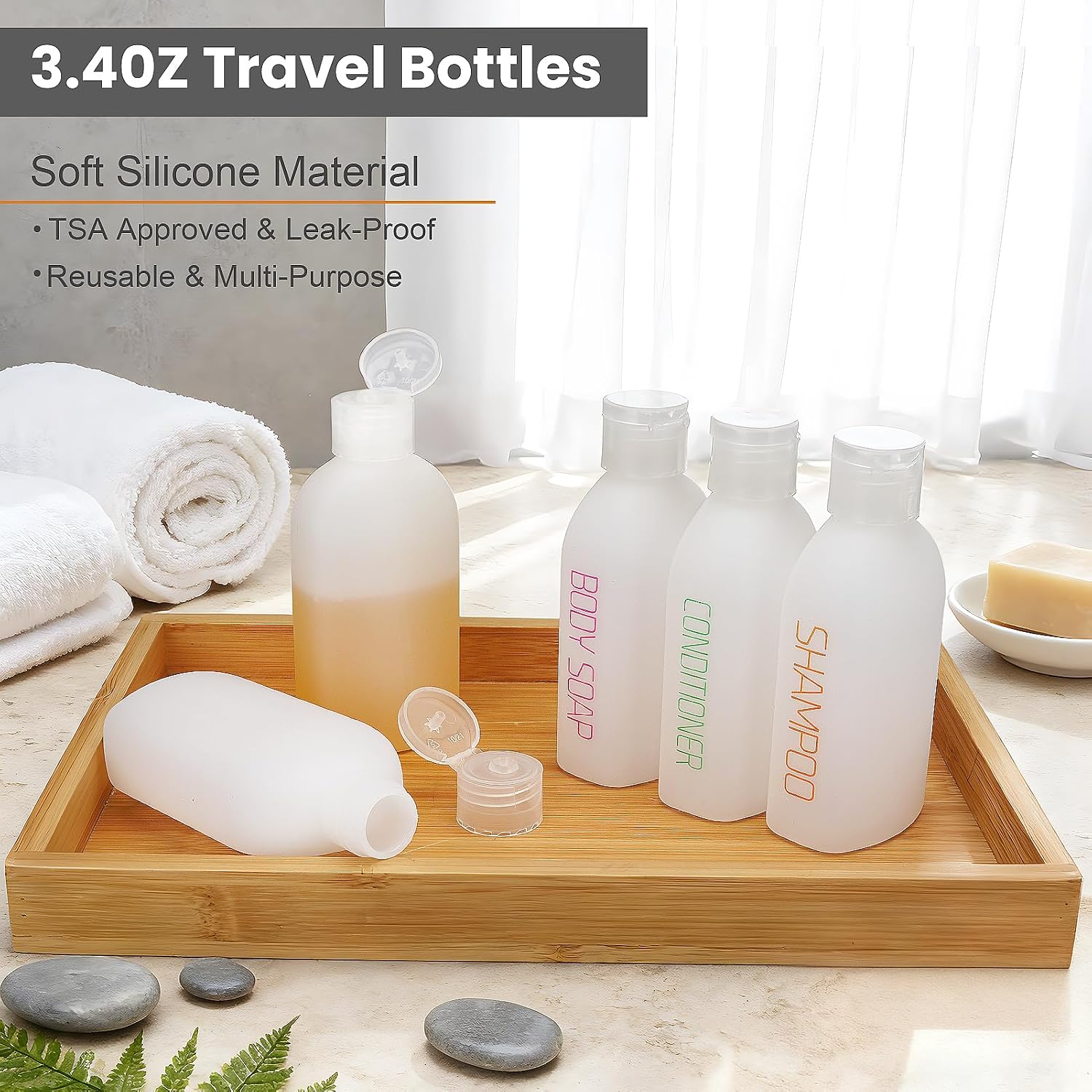 Cosywell Travel Bottles for Toiletries 5 Pack 3.4oz Pre-Printed Shampoo, Conditioner & Body Soap - Soft Touch HDPE Travel Size Containers TSA Approved Leak Proof Squeezable Toiletry Bottle(White)