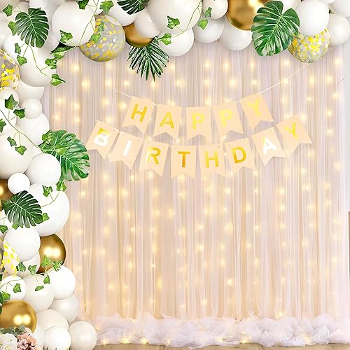 Miniatura 5 de Cortina de telón de fondo de tul champán de 10 x 10 pies con cuerda de luz para bodas, fiestas, cortinas de tul de doble capa sin arrugas para