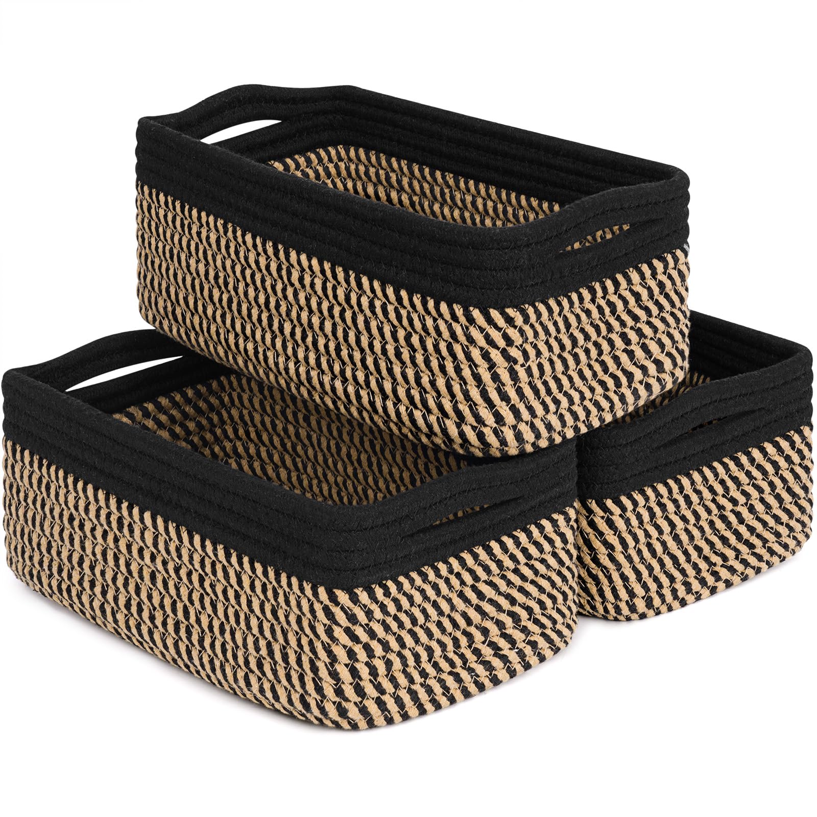 Timeyard Black & Jute Storage Baskets, Small Baskets For Organizing Gift Basket Empty Woven Rope Basket For Shelves Closet Organizer Bins For Towels 3 Pack, 28 X 18 X 11 Cm