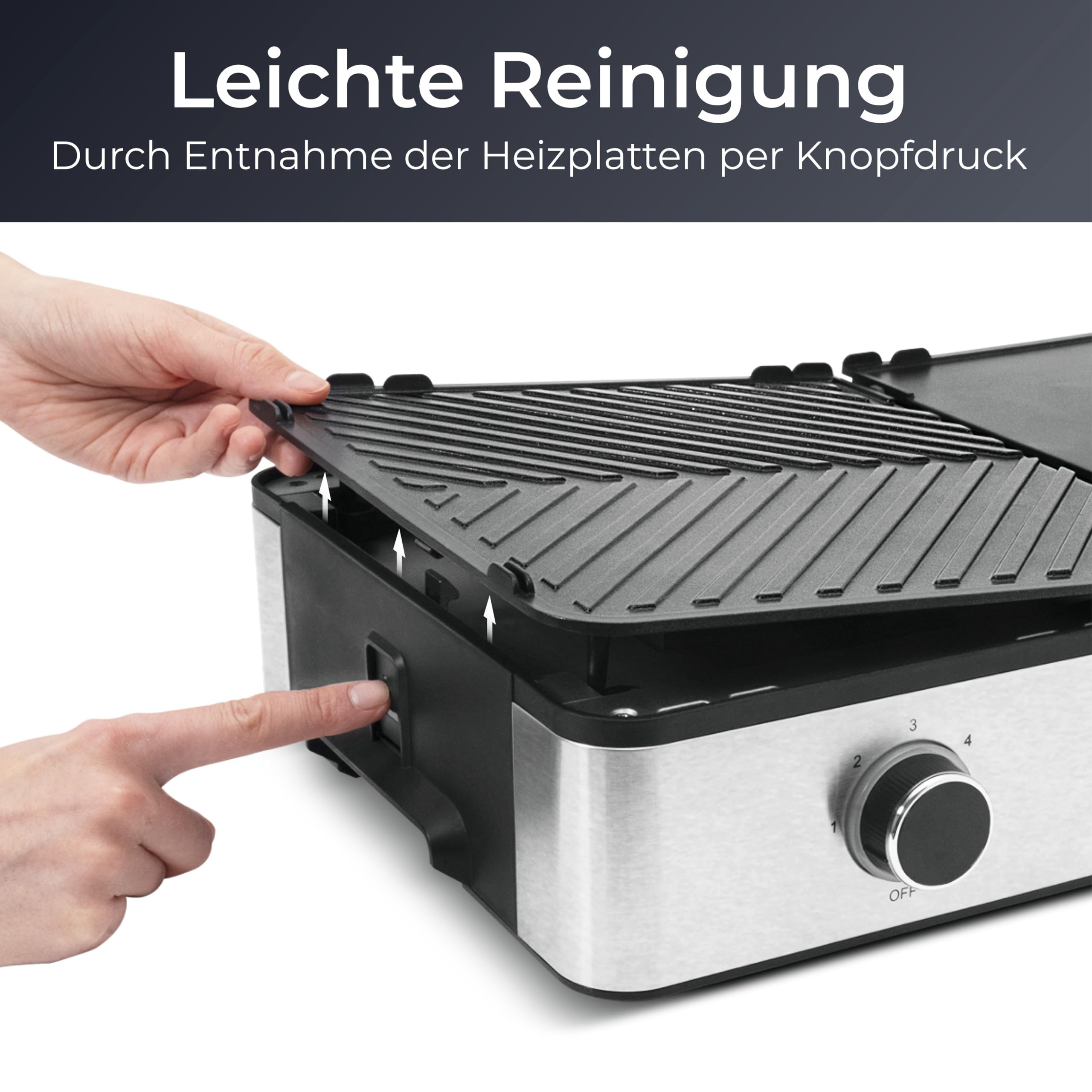 KLAMER Elektrogrill, antihaftbeschichtete und abnehmbare Duo-Platten, separate Temperatureinstellung, 5 Grillstufen, mit Wind-/ Spritzschutz & Auffangschale