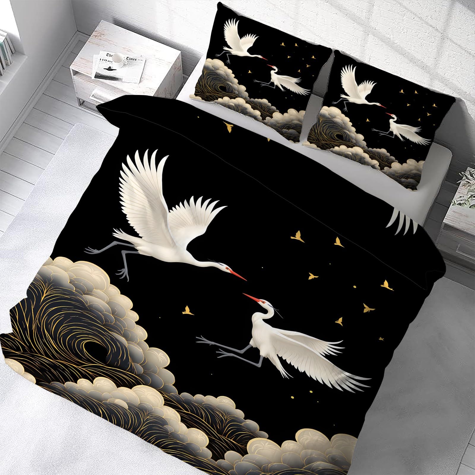 Generisch Weiße Schachtel Bettwäsche 155x220cm, Gelber Vogel Bettbezug, 3-Teiliges Bettwäsche-Sets aus Atmungsaktiver und Weicher Mikrofaser, 2 Kissenbezüge mit Reißverschluss AN64