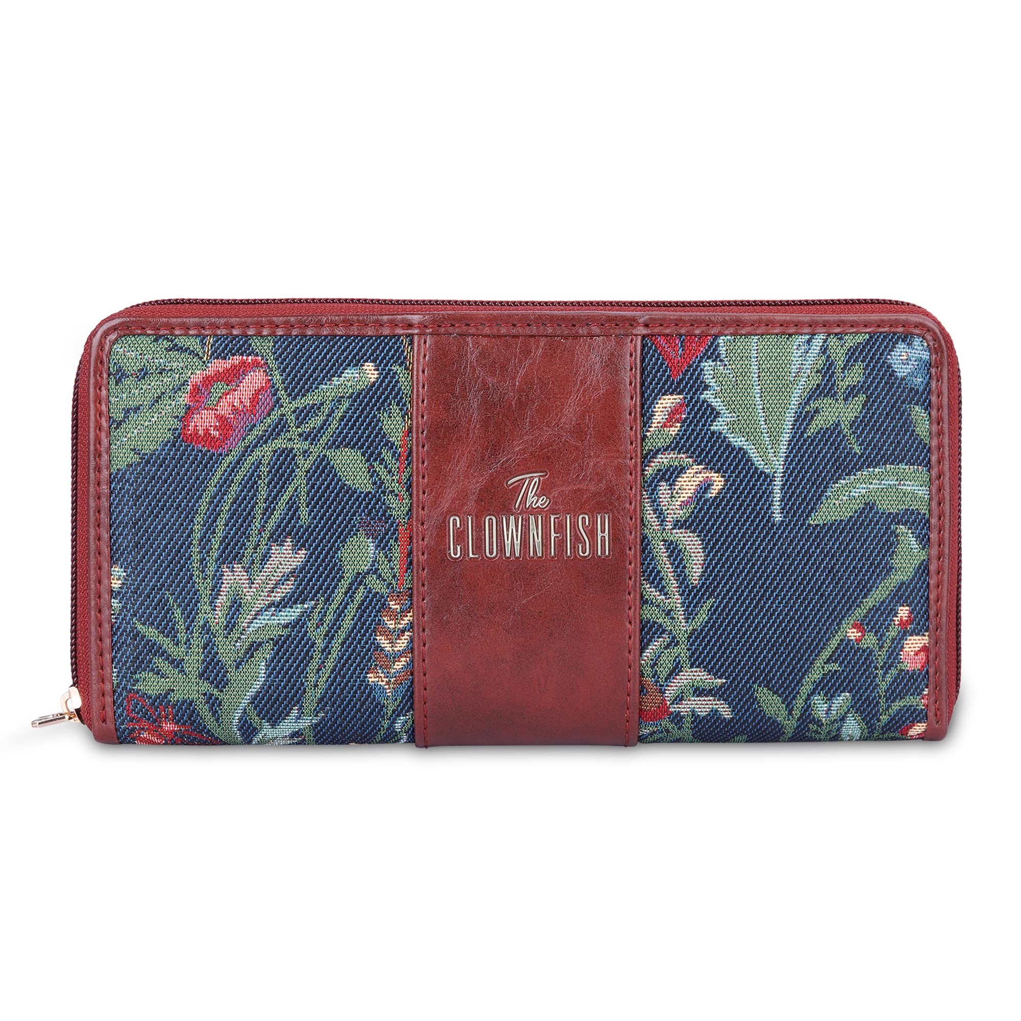 Aria Collection Tapestry Fabric & Faux Leather Zip Around Style Womens Wallet Clutch Ladies Purse with Card Holders (Navy Blue- Floral)-image-6