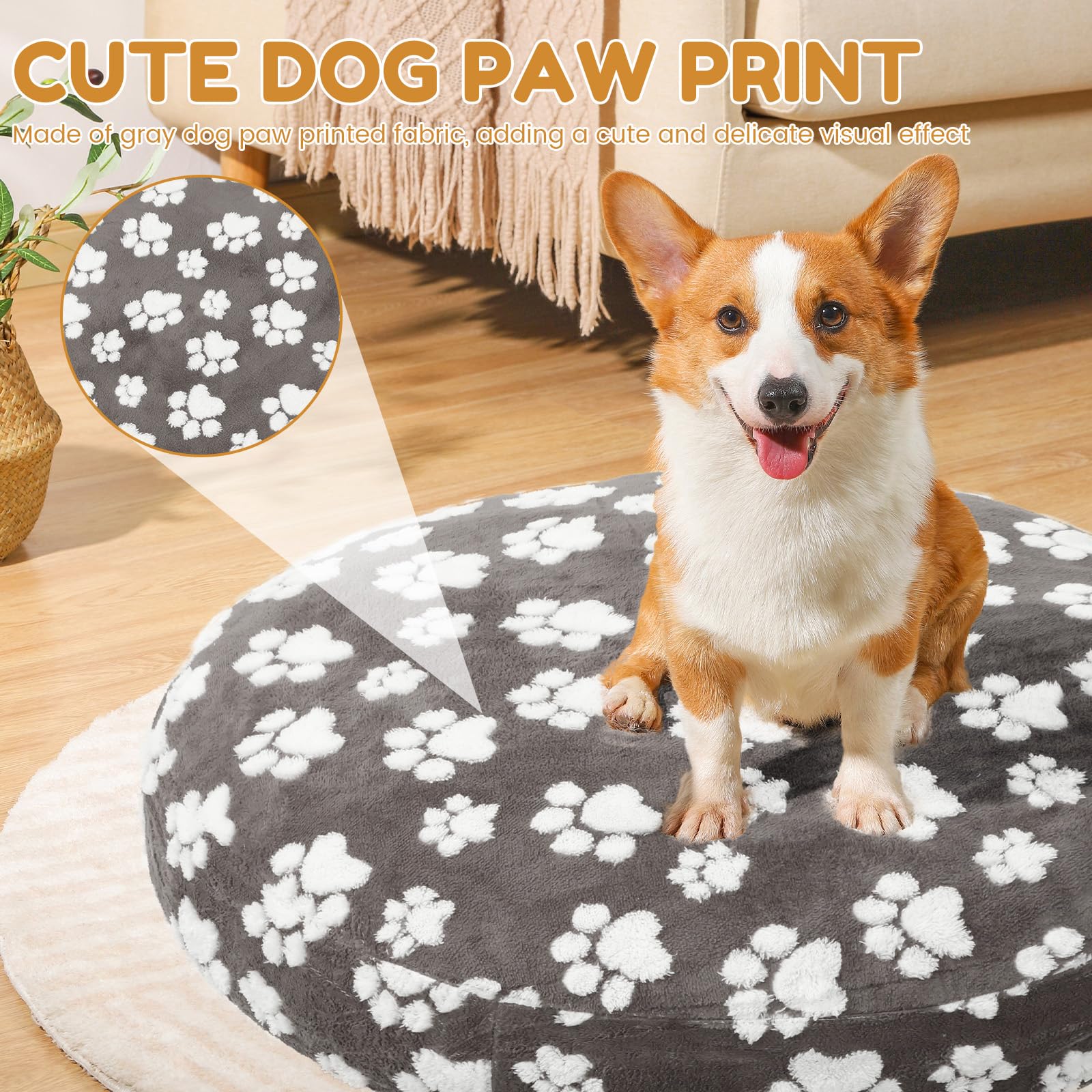 Funda de cama redonda para perro con bonita pata de perro, resistente y suave, forro polar de algodón, impermeable, funda de cama para mascotas con impresión y diseño de doble cara para mascotas (gris