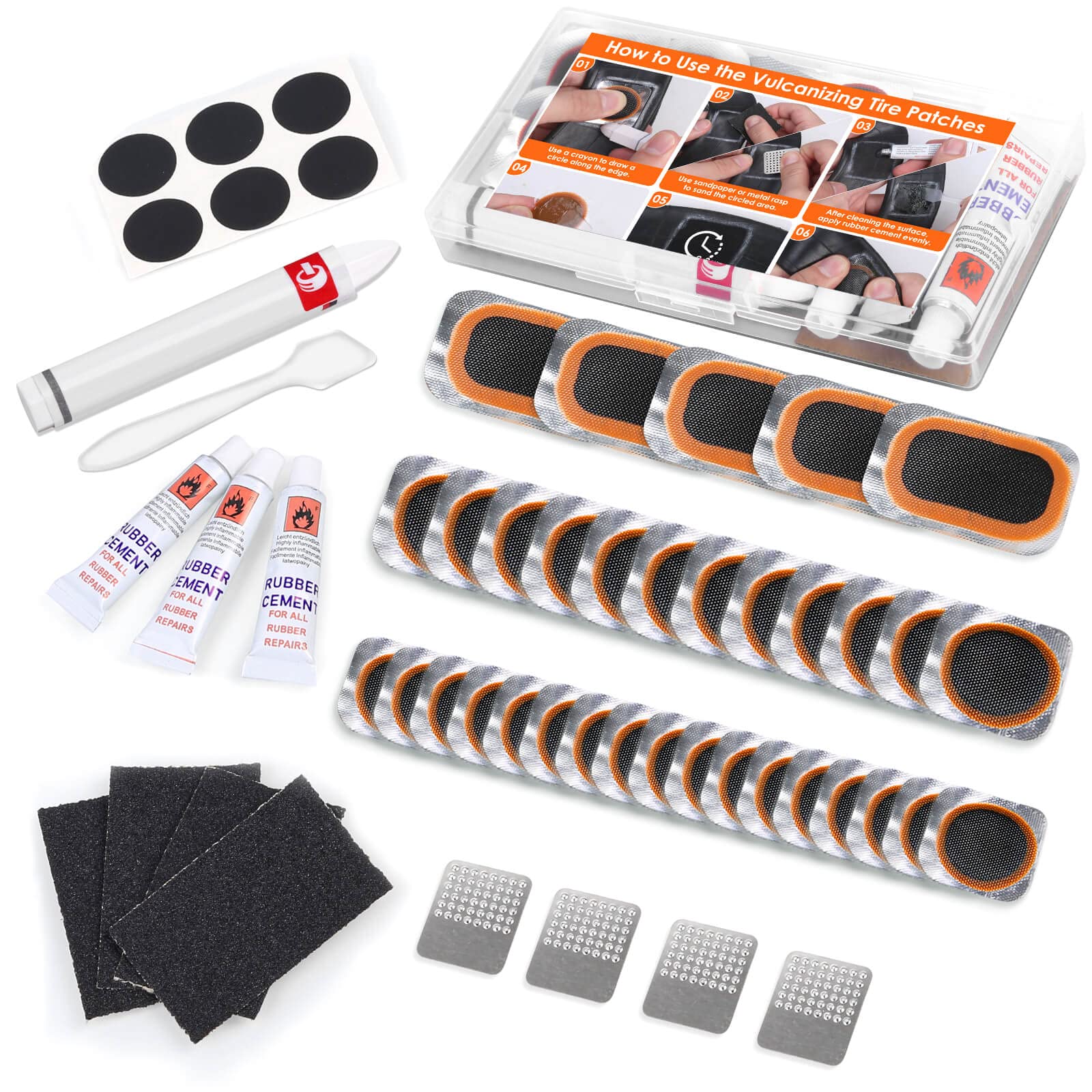 50Pcs Bicycle Inner Tire Repair Kit Bike Tube Patch Kit with 30Pcs Vulcanizing Patches 6Pcs Glueless Puncture Patches Tire Scraper Sandpaper Metal Rasp for BMX MTB Road Bike Inflatable Rubber
