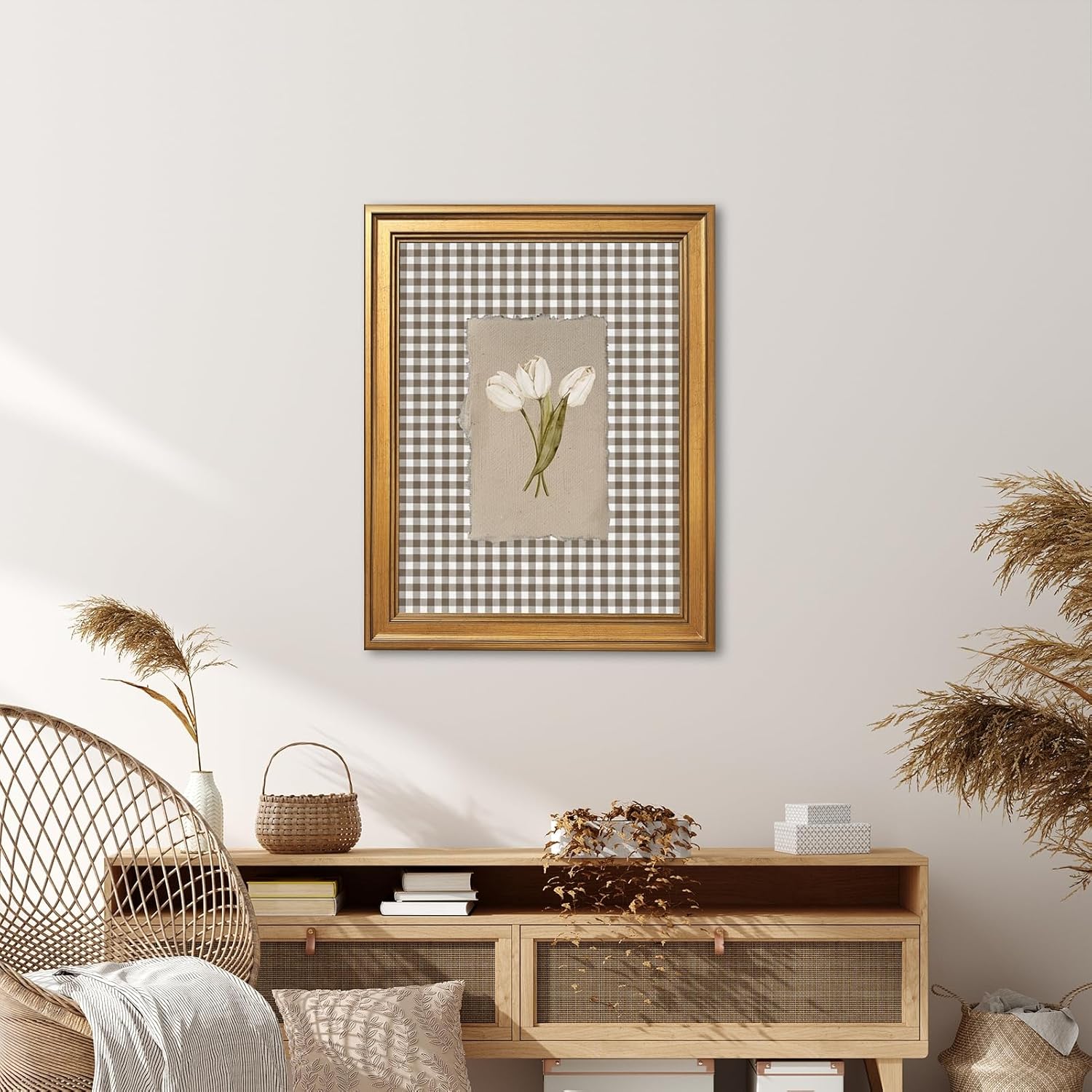 Gold Framed White Tulips Vintage Floral Wall Art Painting Brown Gingham Botanical Print Rustic Farmhouse Flower Picture Poster Neutral Cottagecore Canvas Artwork Aesthetic Country Home Decor 12x16inch