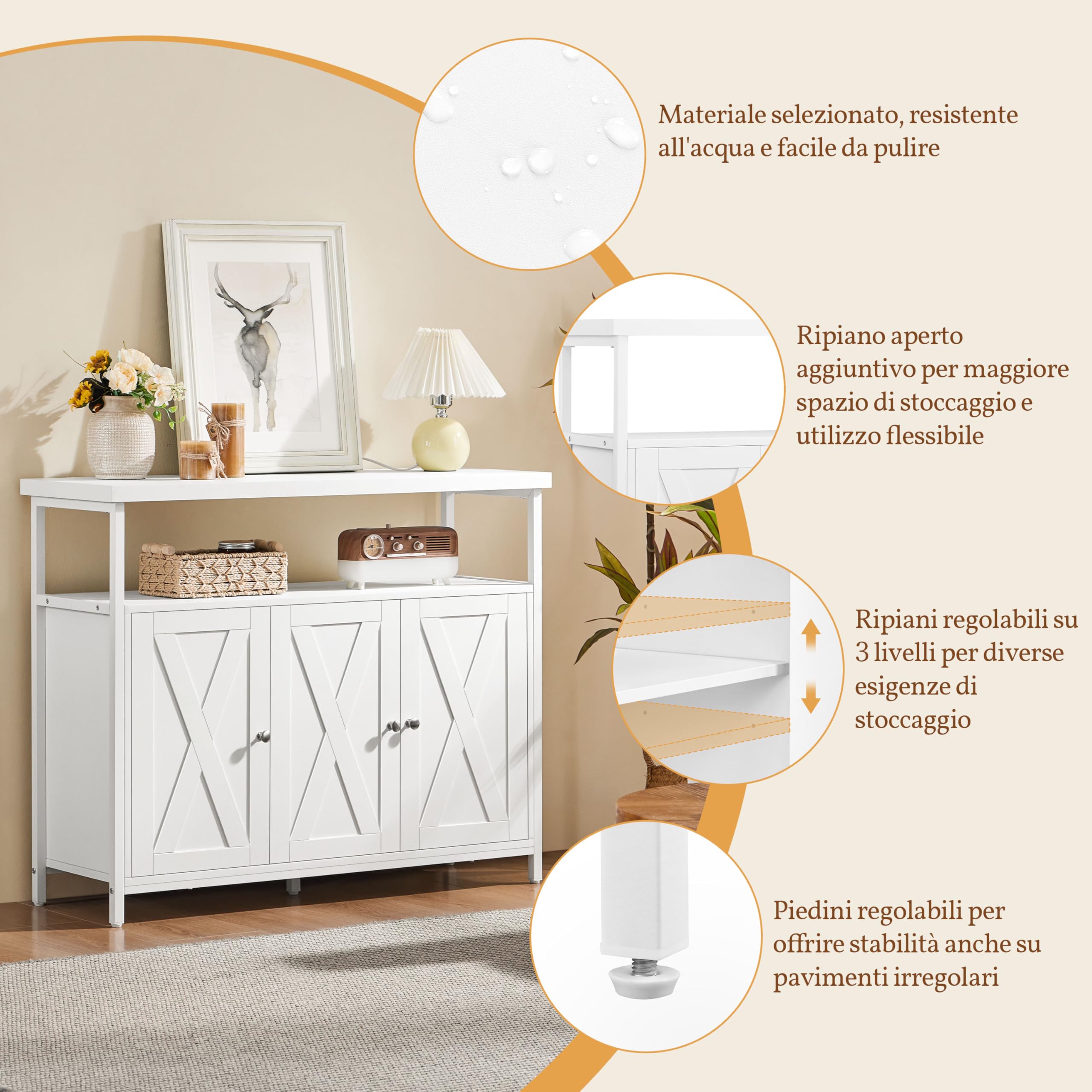 Yaheetech Credenza a 3 Ante Mobile da Cucina Armadietto Organizzatore con Ripiani Regolabili e Scomparto Aperto 100x35x81,5 cm per Sala da Pranzo e Soggiorno