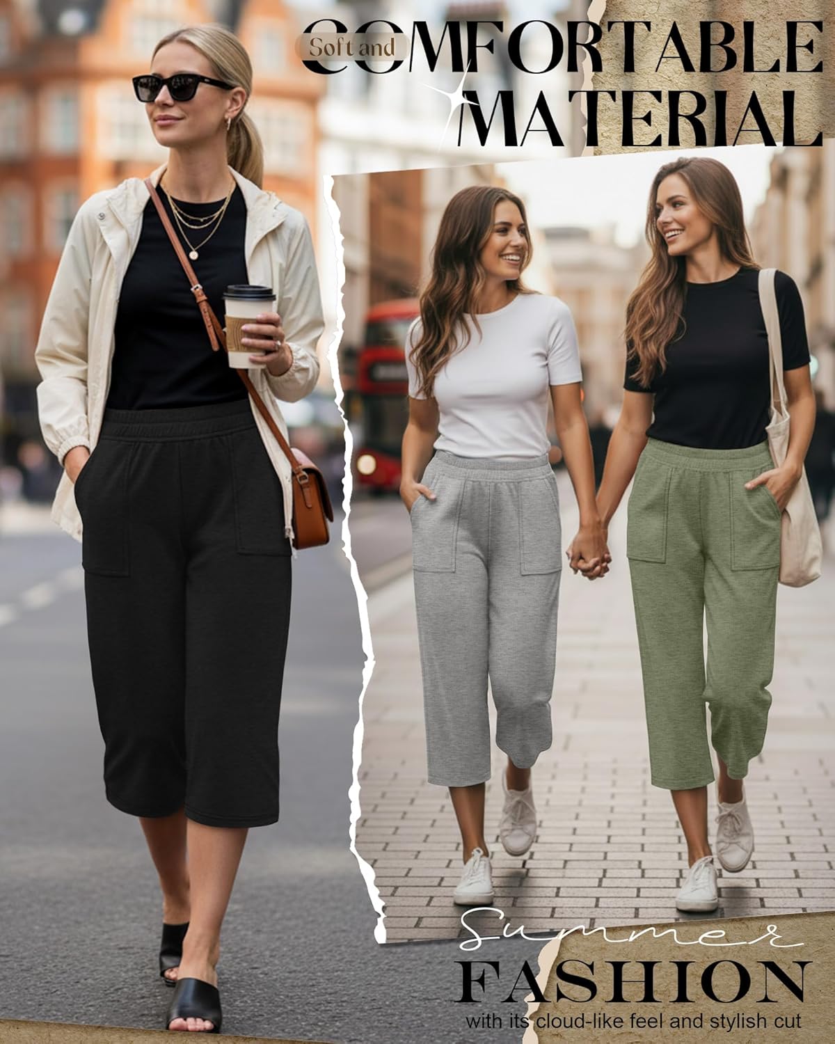 Neer 3 Pack Women's Capris Pants Cotton Wide Leg Sweatpants Casual Loose Fit Yoga Lounge Cropped Jogger Pant with Pockets(Black, Light Mixed Gray, Green,Medium) - Image 3