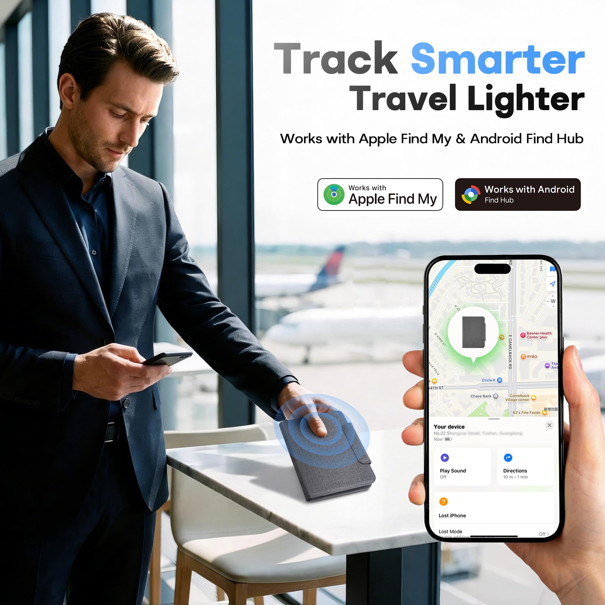 MiLi Custodia per passaporto con Apple Dov’è & Google Funzioni Trova, Tracker intelligente con tracciamento posizione, protezione RFID e ricarica wireless, accessorio da viaggio – Nero