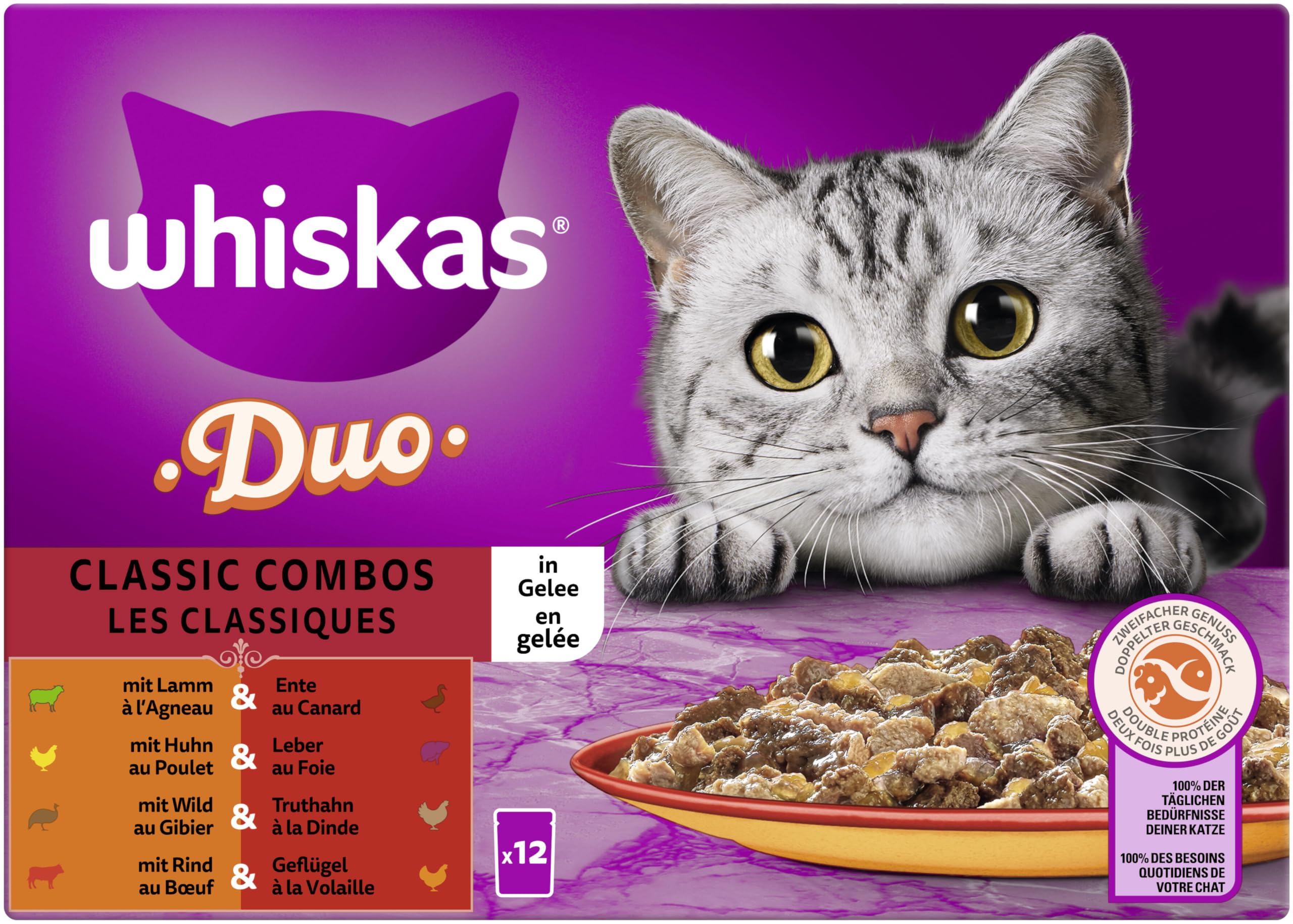 WHISKAS Duo Classic Combo in Gelee für Katzen - Multipack 12 x 85g - Nassfutter Portionsbeutel