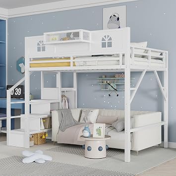 Full Size Loft Bed Frame with Converted Storage Stairs, White