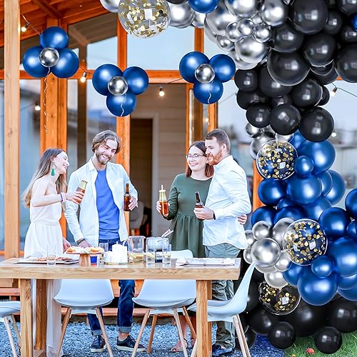Miniatura 5 de Kit de guirnalda de arco de globos de color azul metálico y negro, globo plateado metálico con lentejuelas doradas, 122 piezas para cumpleaños,