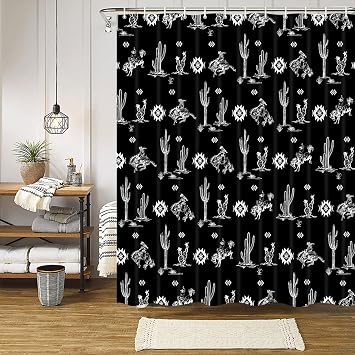 Wathon Western Cowboy Shower Curtain with Cactus Landscape, American Wild West Cowboy on Horse in Desert Bath Curtain Aztec Tribal Navajo Southwestern Theme Bathroom Decor Set with Hooks 70X70IN Black