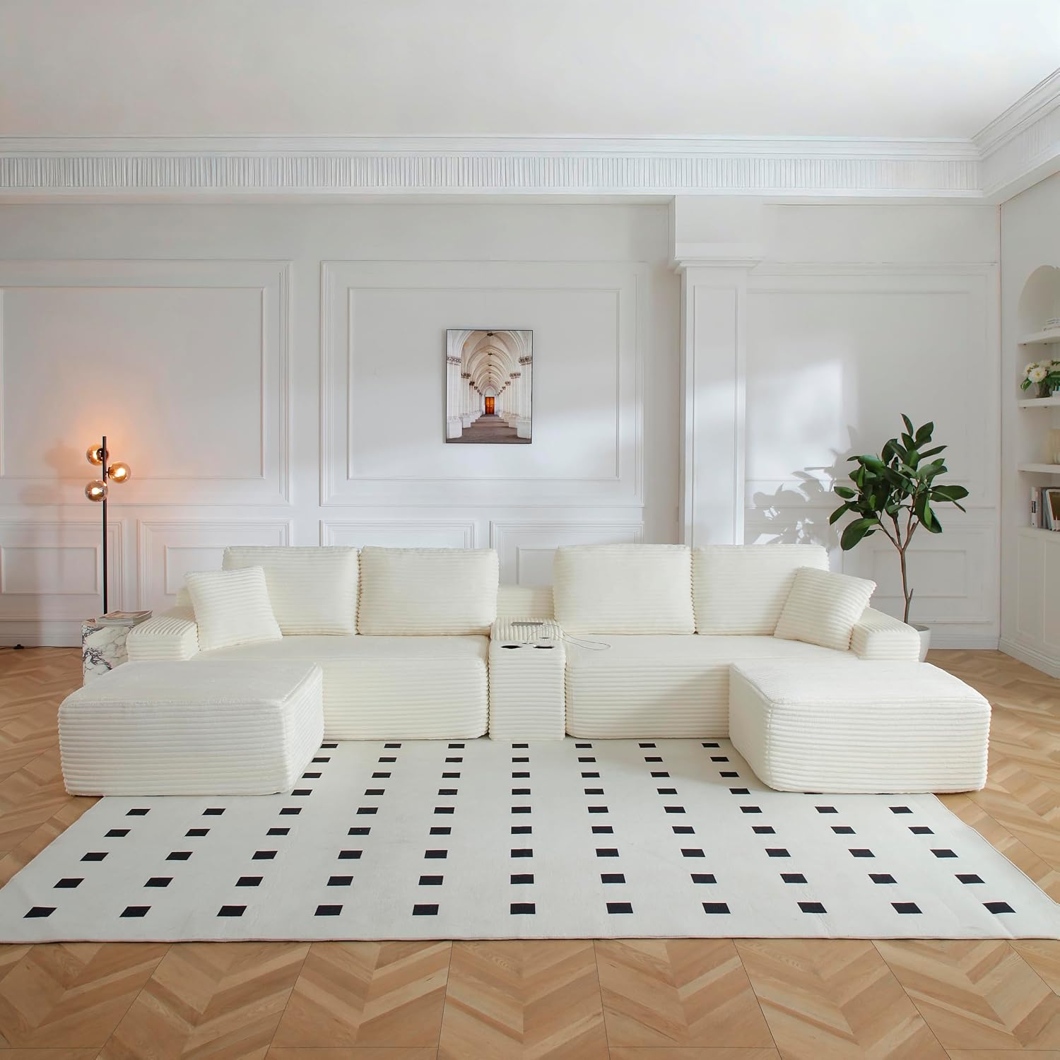 150" Oversized U Shaped Cloud Sectional Couches for Living Room, Comfy Fluffy Corduroy Upholstered Boneless Couch, Large Modular Sectional Sofa with Ottomans, Cup Holder, USB Port, Console | Storage, Compressed, Non-Slip