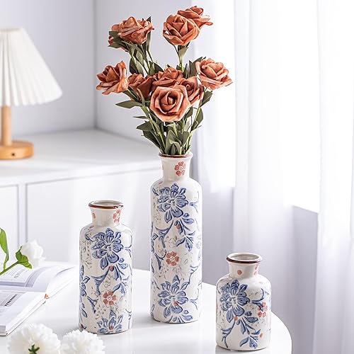 Juego de 3 jarrones de cerámica azul y blanco, recipiente de cerámica azul vintage, decoración de granja, jarrones decorativos para el hogar,