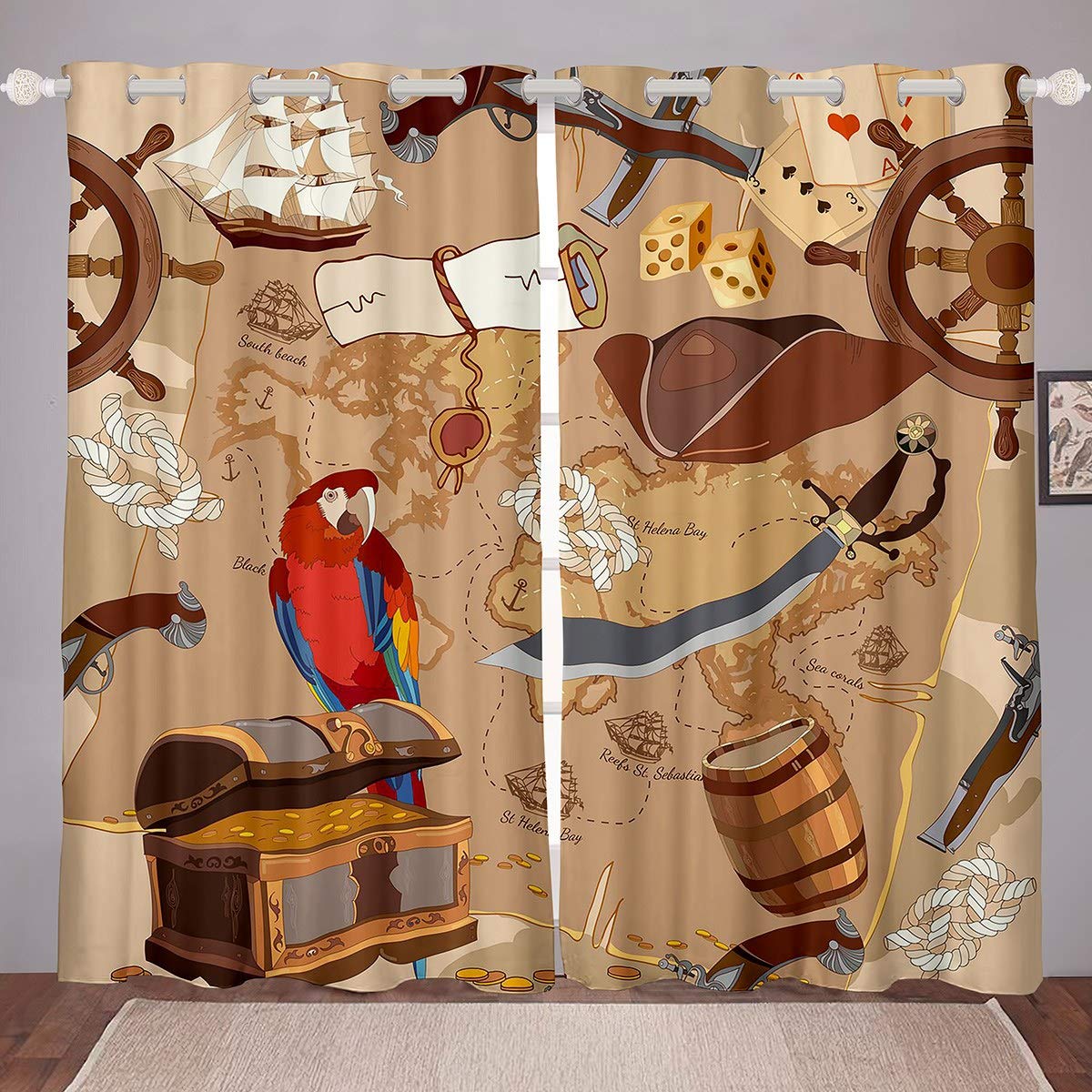 Nautical Decor Curtains for Girls Boys Children Sailboat Rudder Printed Window Treatments Ocean Theme Pirate Window Drapes Retro Sea Adventure Window Curtain W66*L90
