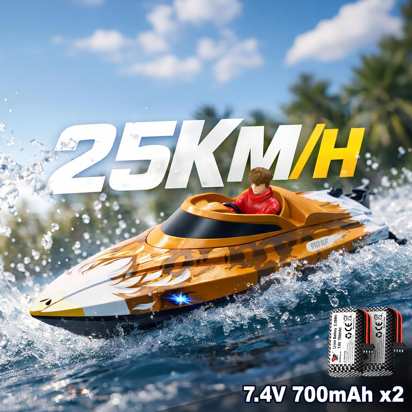 YESHIN Barca radiocomandata autoregolante per bambini 8-12 e adulti, 25 KPH veloce RC Speed Boats con luci LED, allarme batteria scarica, 2,4 GHz, giocattolo da corsa impermeabile per piscina e lago