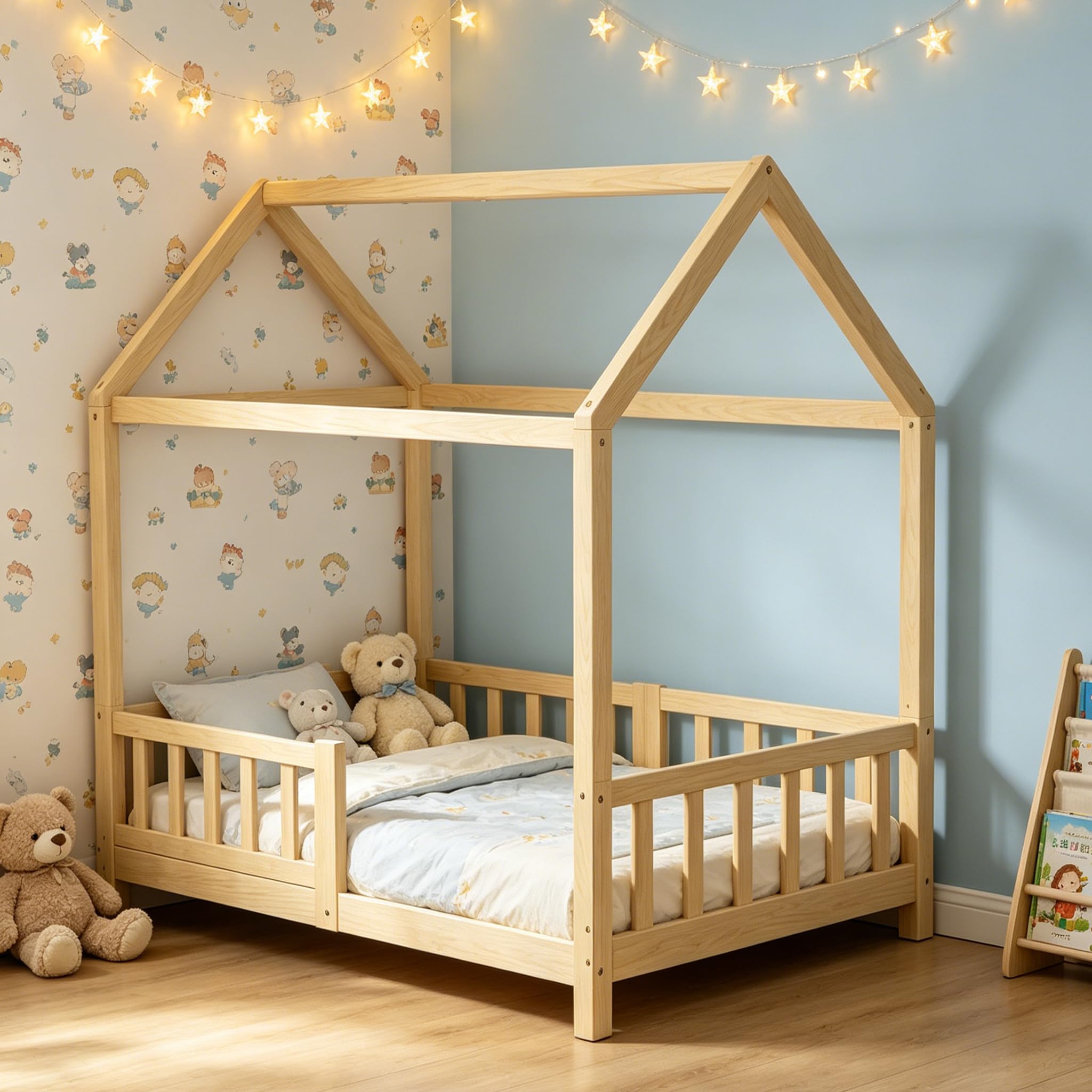 Bodenbett 70x140 cm Montessori Kinderbett mit Rausfallschutz & Lattenrost Kiefer Massivholz bis 100 kg belastbar für Jungen Mädchen Kinder Bett