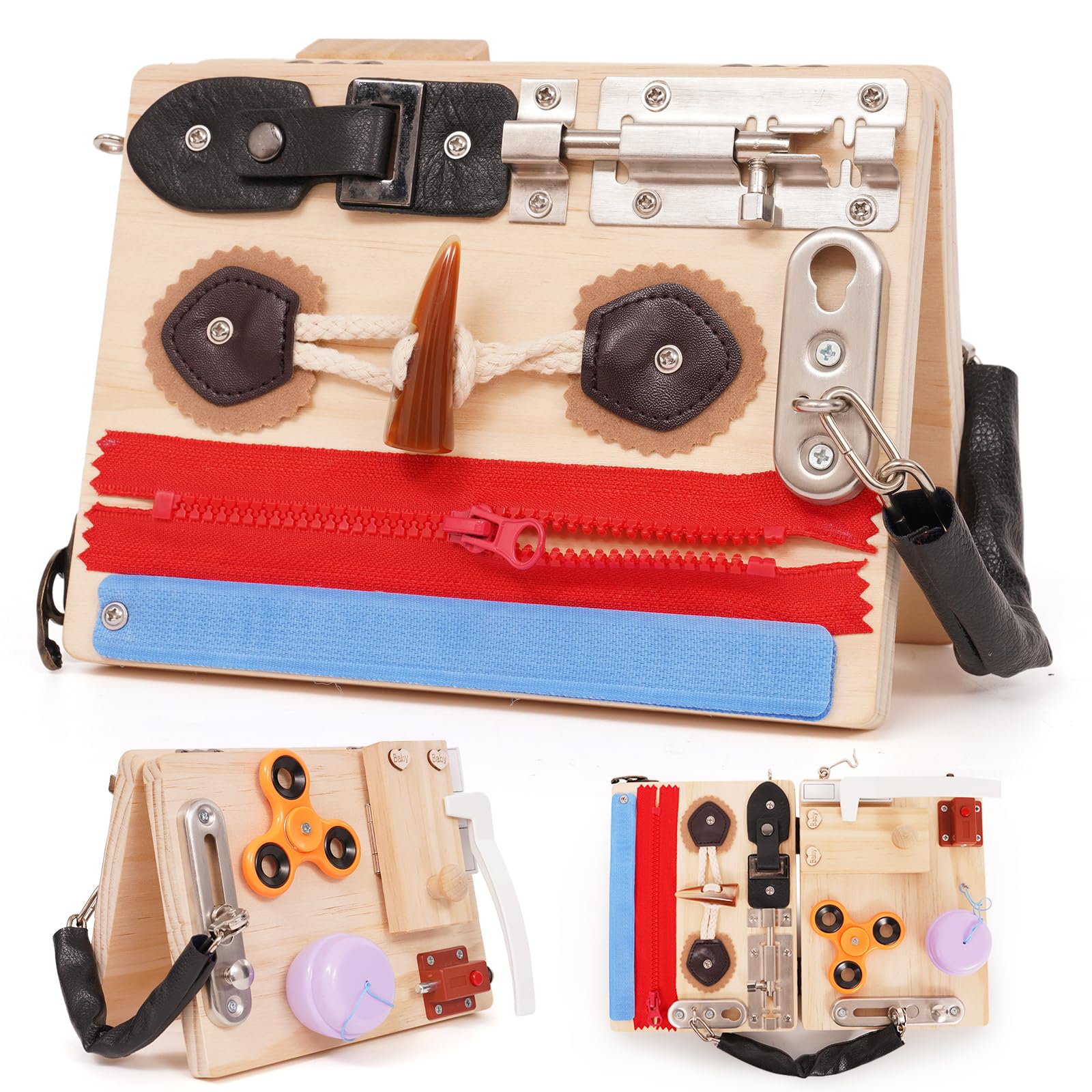 HOMCENT Busy Board for Toddlers Wooden Montessori Toys,Relieve Stress and Sensory Board Activity Board for Boys & Girls and Autism,Portable Educational Learning Toy (Foldable)