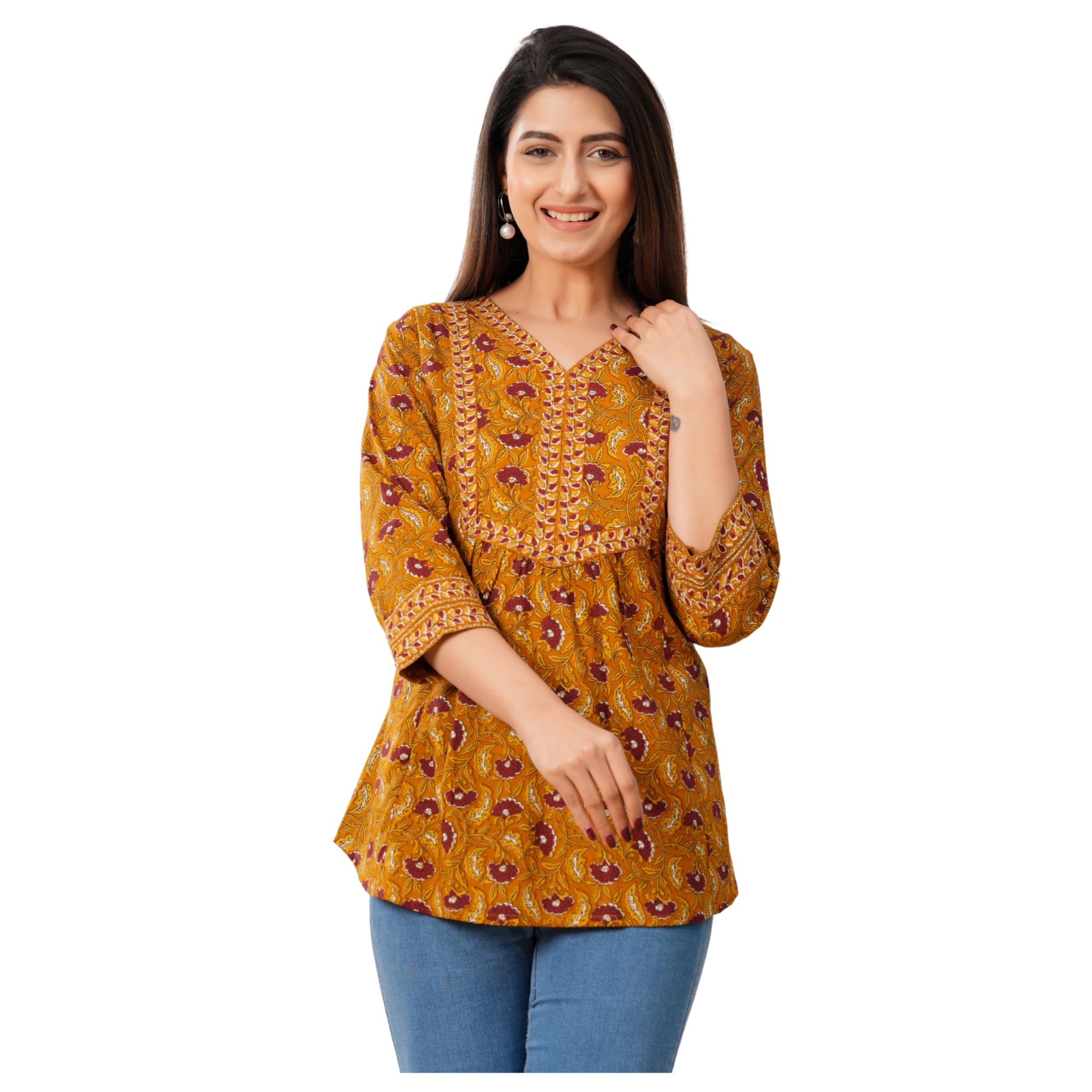 threadflix Women’s Casual Mustard Cotton Top – Elegant Pattern Print with Flared Sleeves-picture-27