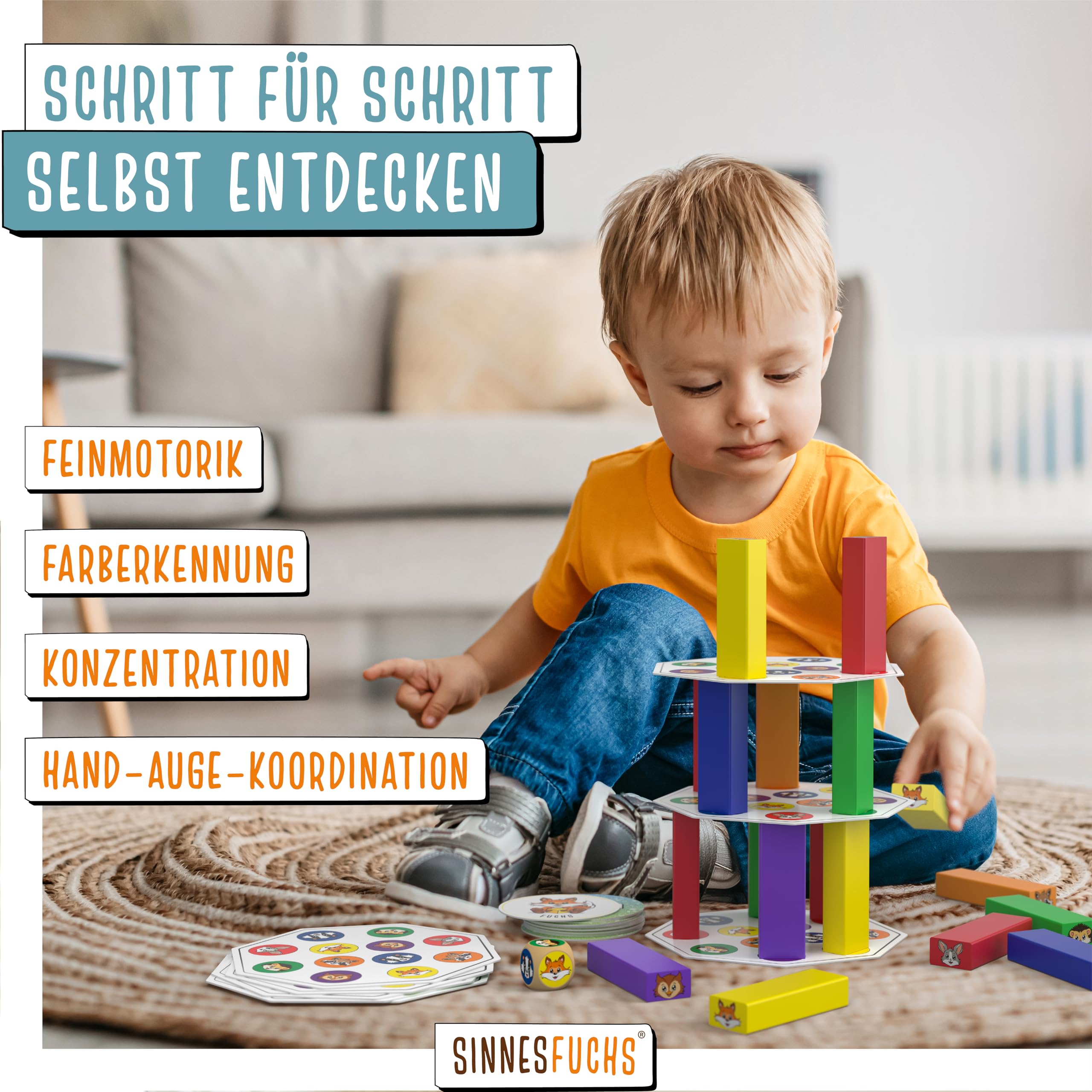 Wackelturm Holz - FSC® 100% Holzspielzeug ab 3 Jahre - kreatives 7 in 1 Lernspielzeug - Stapelspiel Holz Spielzeug - Geschicklichkeitsspiele ab 4 Jahre - Kinder Junge & Mädchen Turm Spiel