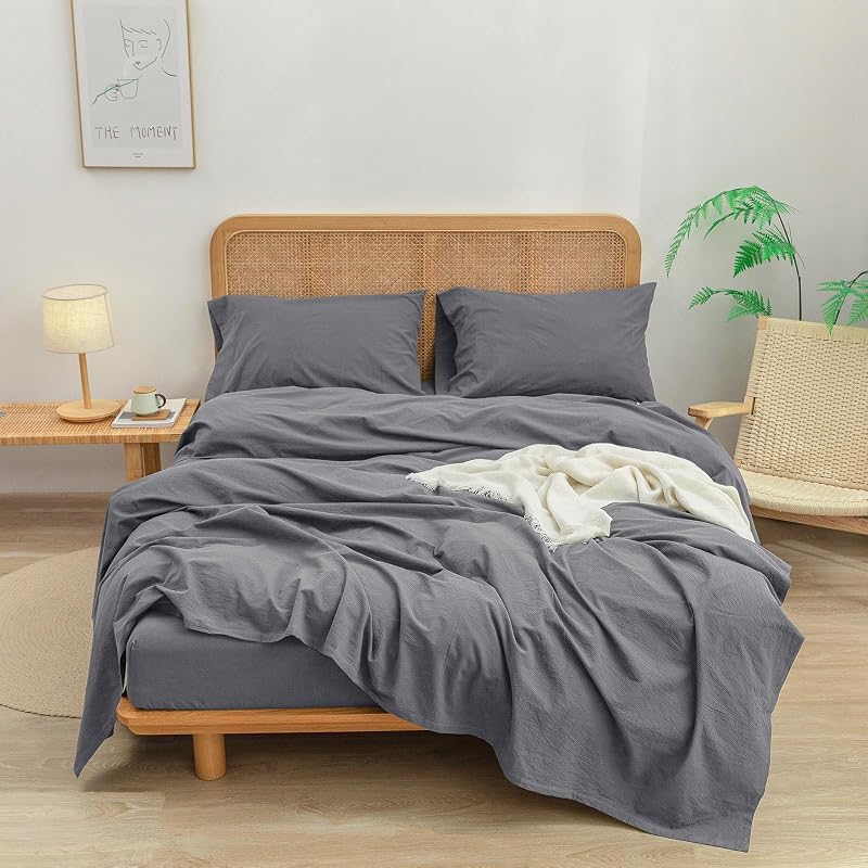 BESTOUCH Queen Washed Cotton Linen Feel Sheet Set 4 Pcs Quiet Shade Grey image 3