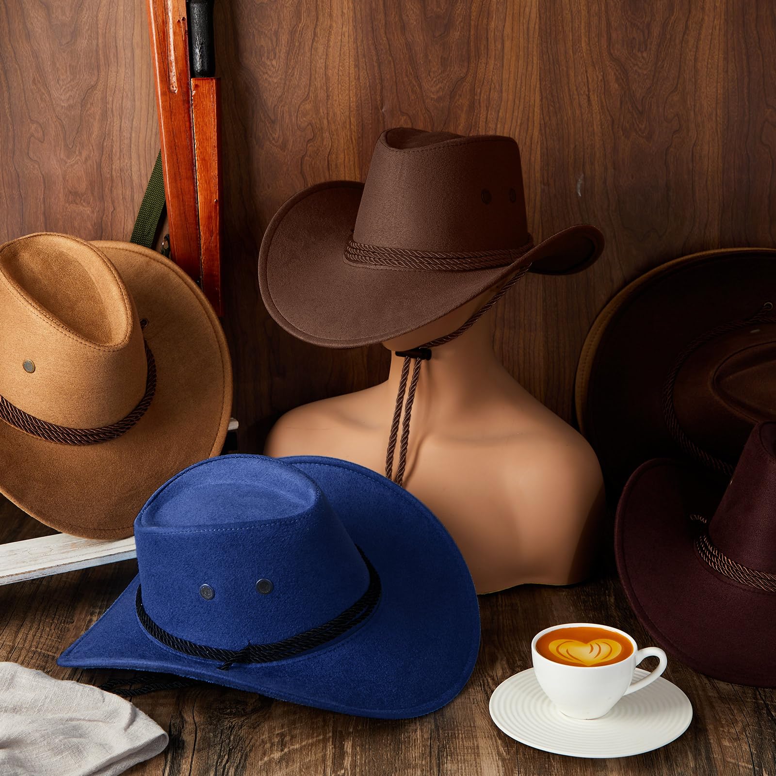 Henoyso Confezione da 16 cappelli da cowboy da donna, in finto feltro, stile occidentale, con bordo, per attività all'aperto, viaggi, classici, con cinghia, per Halloween, adulti, uomini, donne,