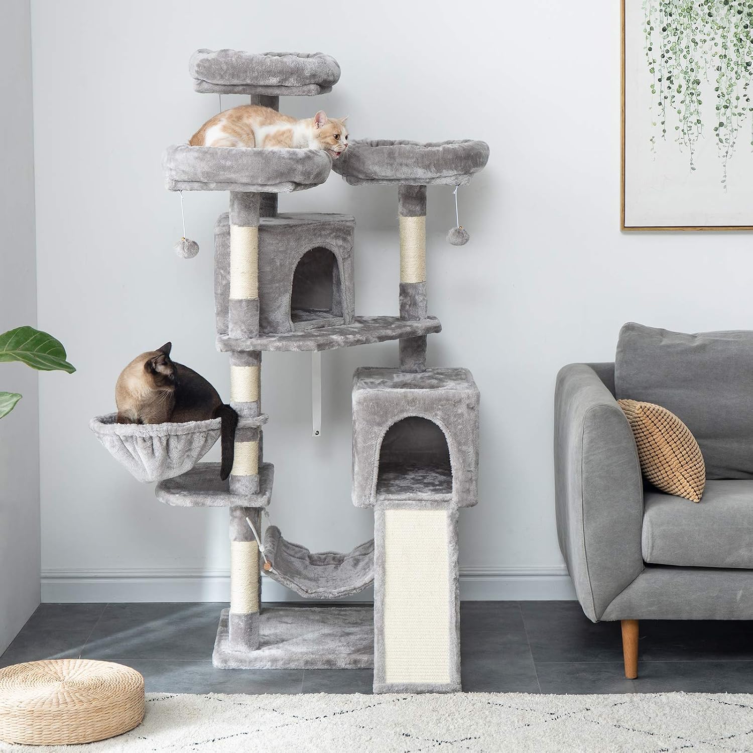 IBUYKE Cat Tree, Large Cat Tower, Cat Condo with Scratching Posts, Cat Hammock, Board, 2 Caves, 3 Plush Perches, Light Grey UCT021W