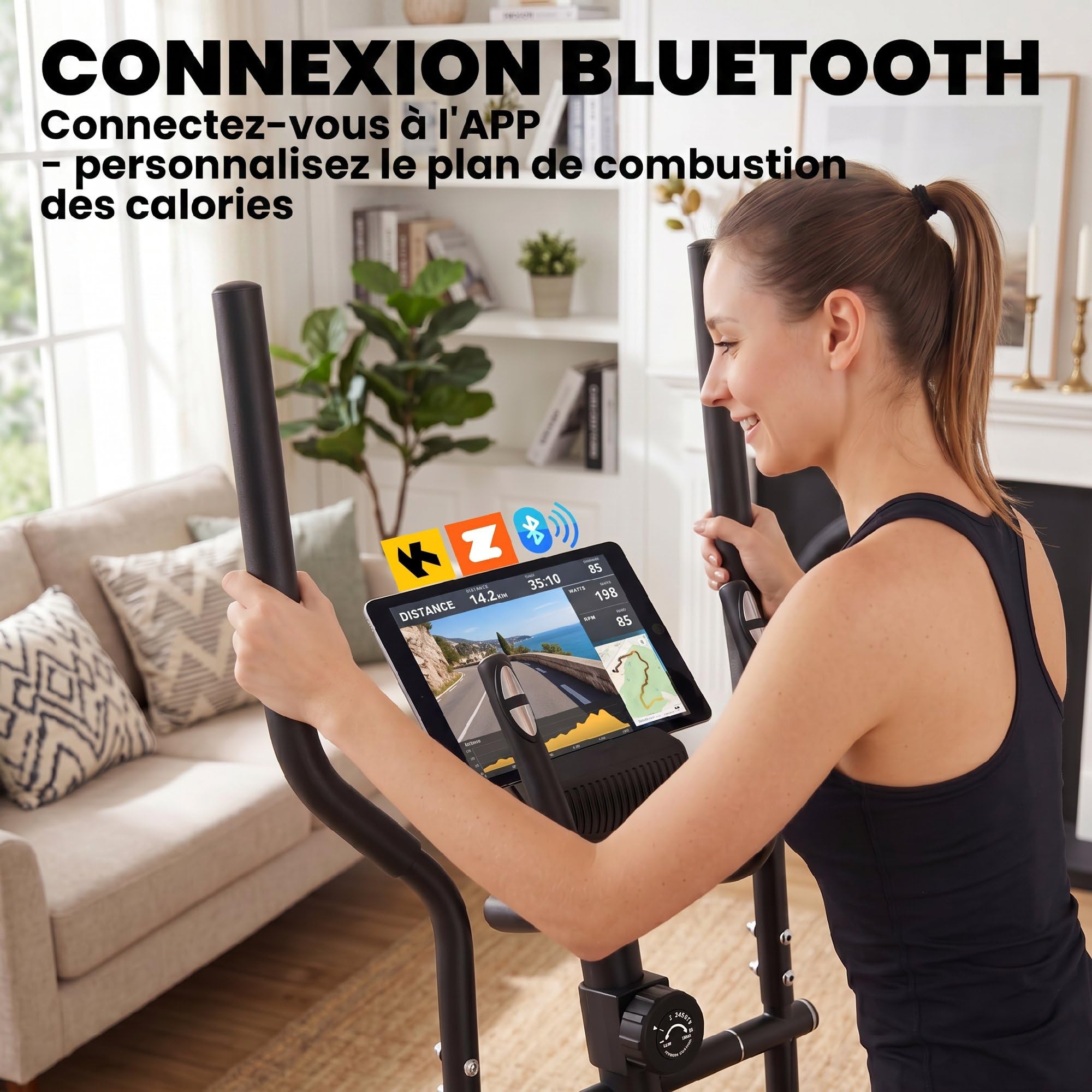 SPORTNOW Vélo Elliptique avec Écran LCD, Résistance 8 Niveaux, Capteur Pouls, Bluetooth APP, Support pour Téléphone, Vélo Elliptique Magnétique Charge 120 kg, Gris