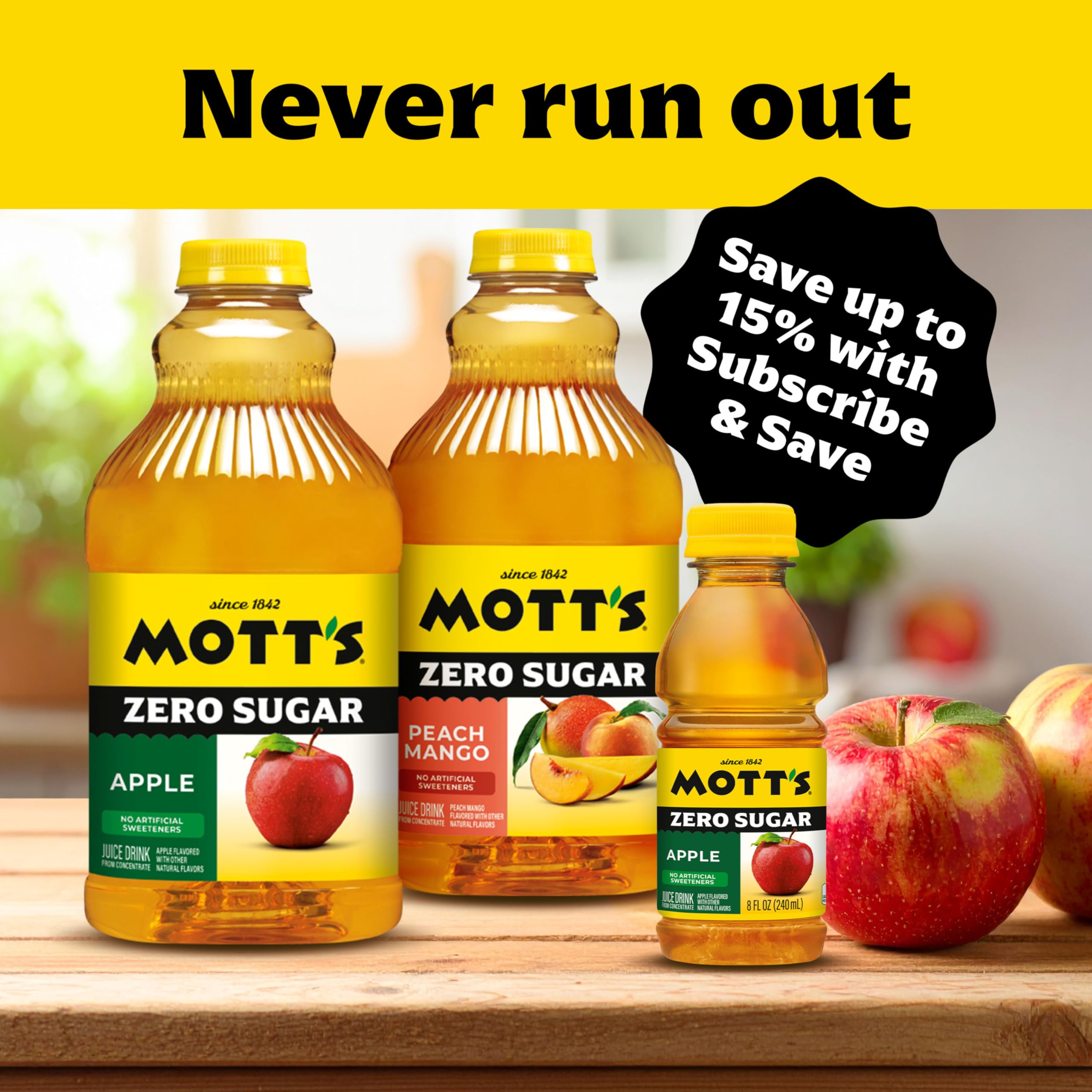 Mott's Zero Sugar Apple Juice Drink, 8 fl oz bottles, 24 Count (4 Packs of 6), Apple Flavor, Excellent Source of Vitamin C