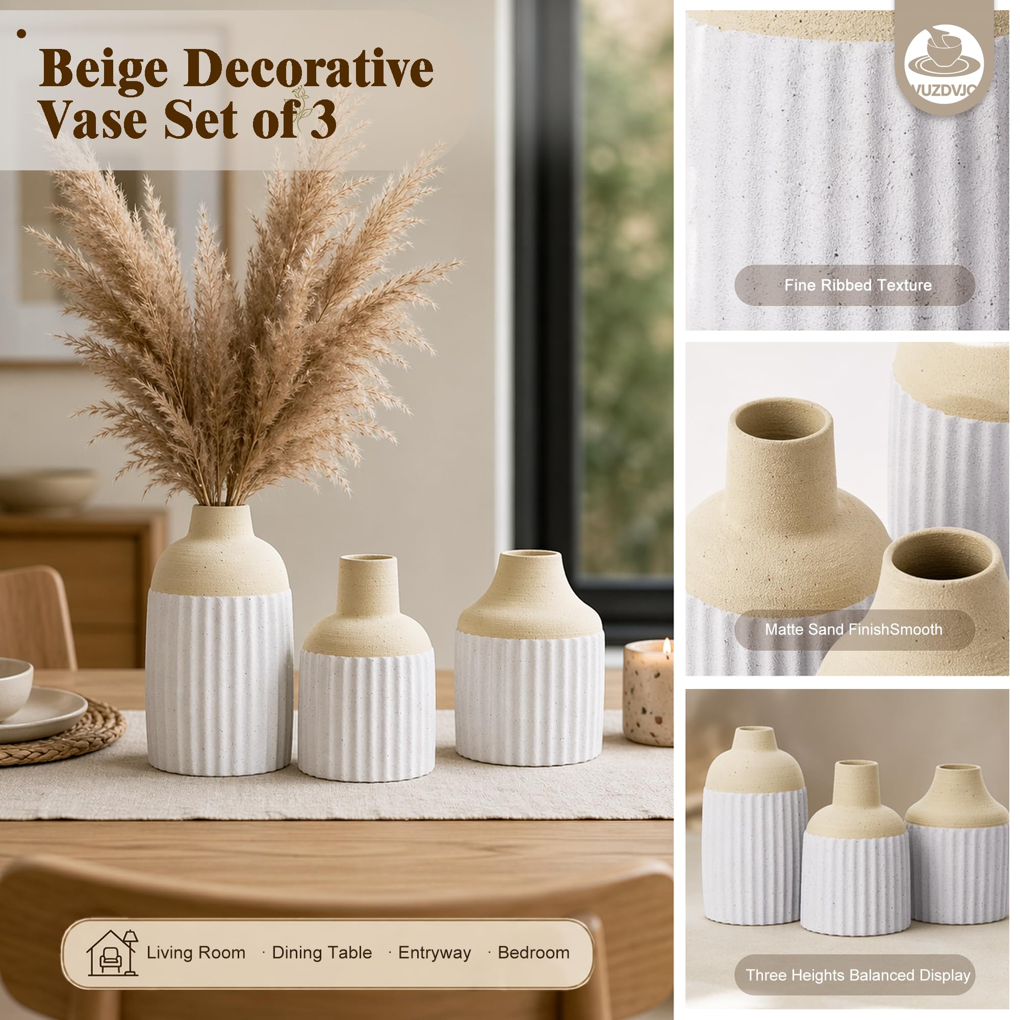 Juego de 3 jarrones de cerámica modernos y estéticos bohemios para decoración del hogar para cocina, comedor, dormitorio, oficina, sala de estar, baño y estantes, centro de mesa, decoración (beige