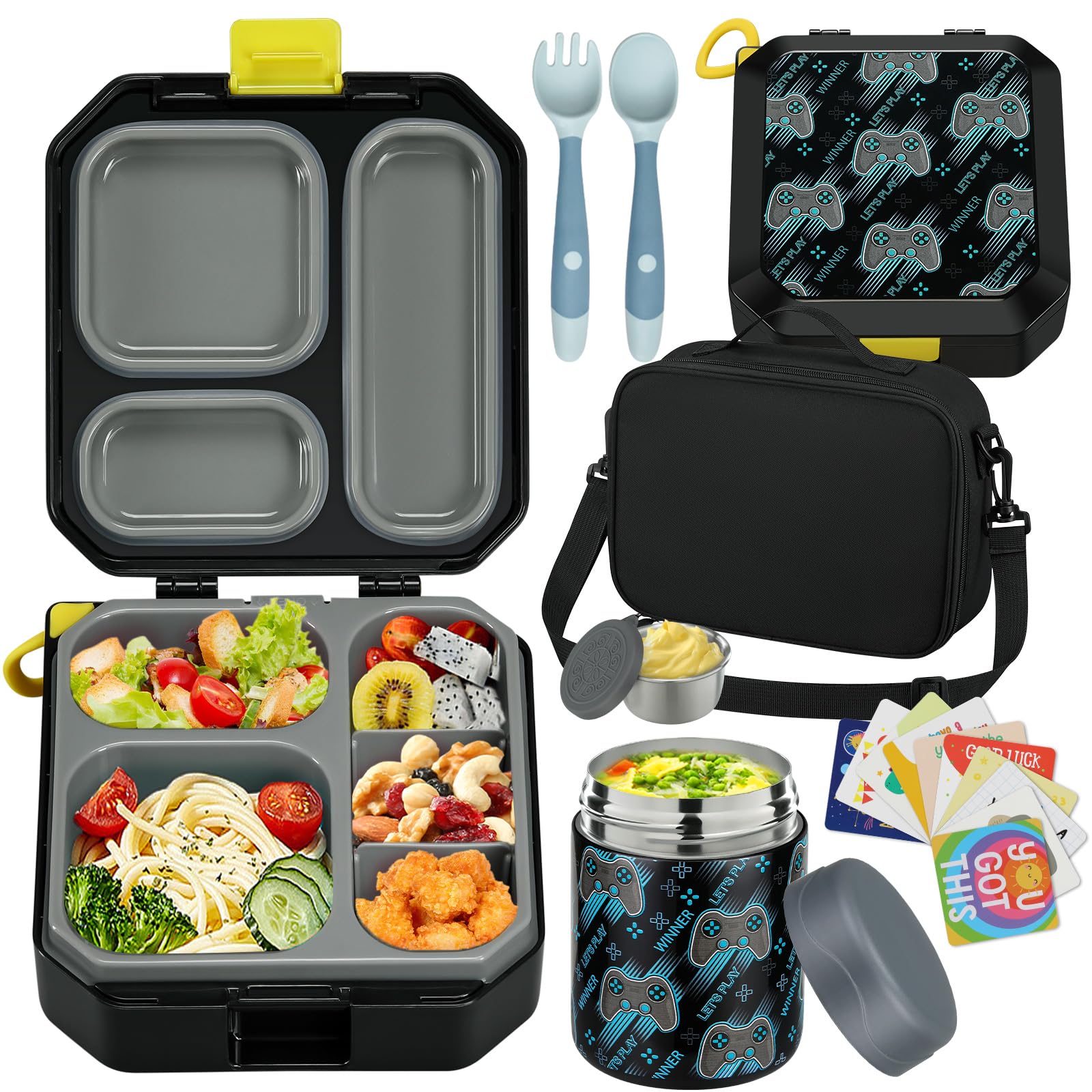 Bento Lunch Box for Kids with 12oz Soup Thermo Leak-Proof Lunch Food Container with 5 Compartment Thermo Hot Food Jar and Insulated Lunch Bag for Kid Toddler Girls Boys to School