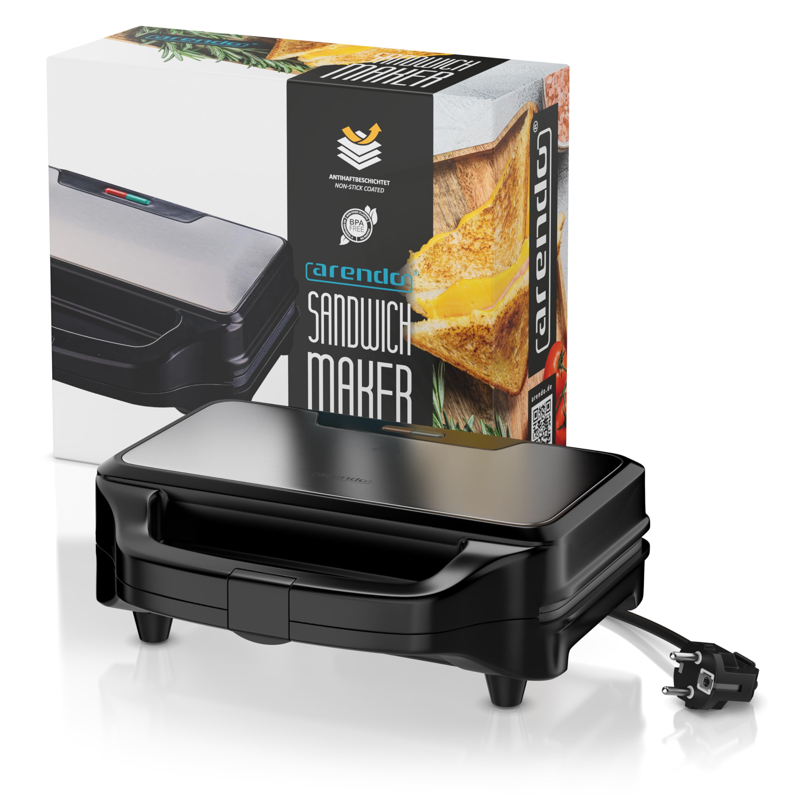 Arendo - Sandwichmaker mit Antihaftbeschichtung – 900 W - automatische Temperaturregelung – Sicherheitsverriegelung - Sandwich Maker - Sandwichtoaster für Sandwiches, Toast, warme Snacks