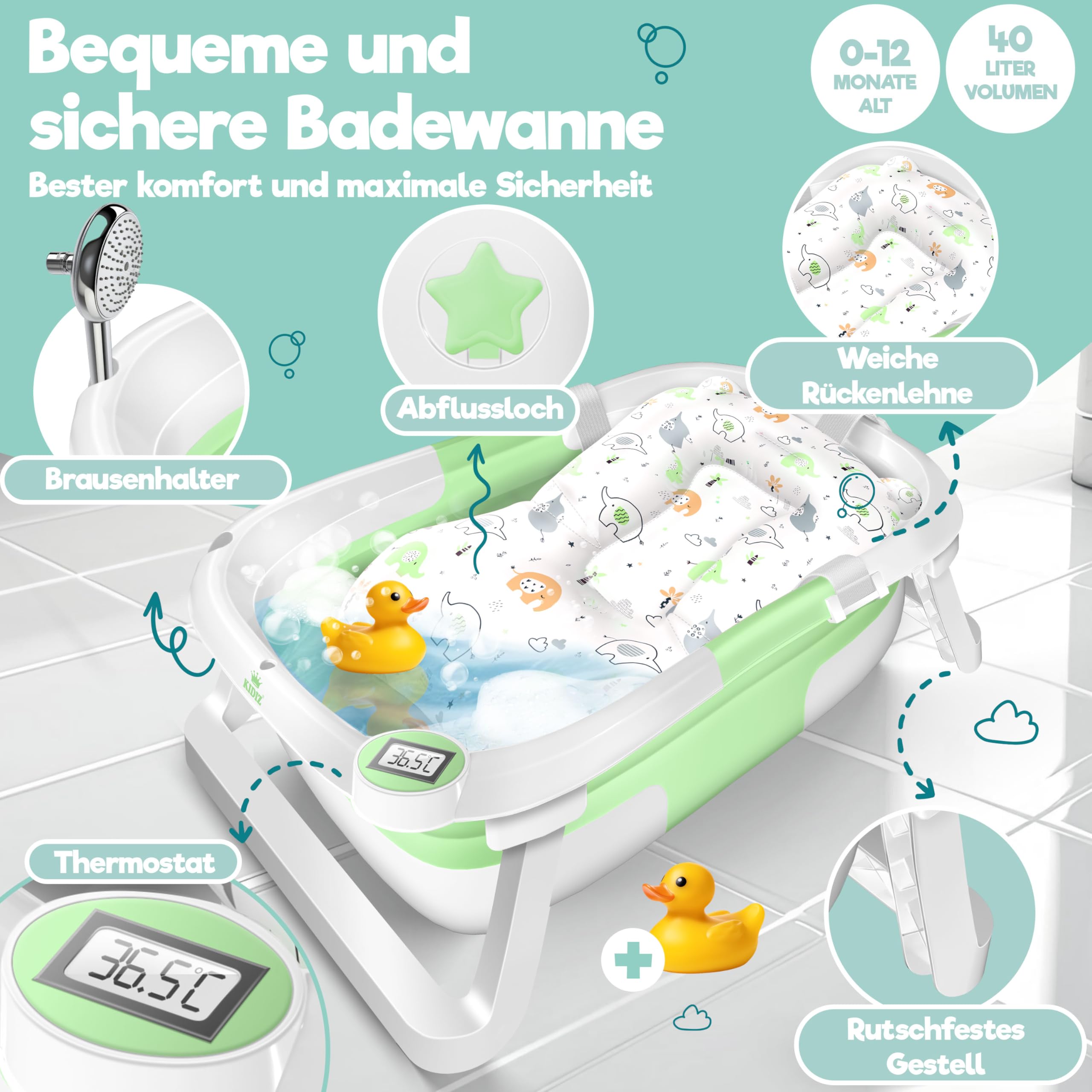 KIDIZ Vasca da bagno per bambini | Navicella salvaspazio e pieghevole | Piatto doccia per neonati da 0 a 24 mesi | Doccia da viaggio portatile per bambini | Bathtub ergonomico con termostato e cuscino