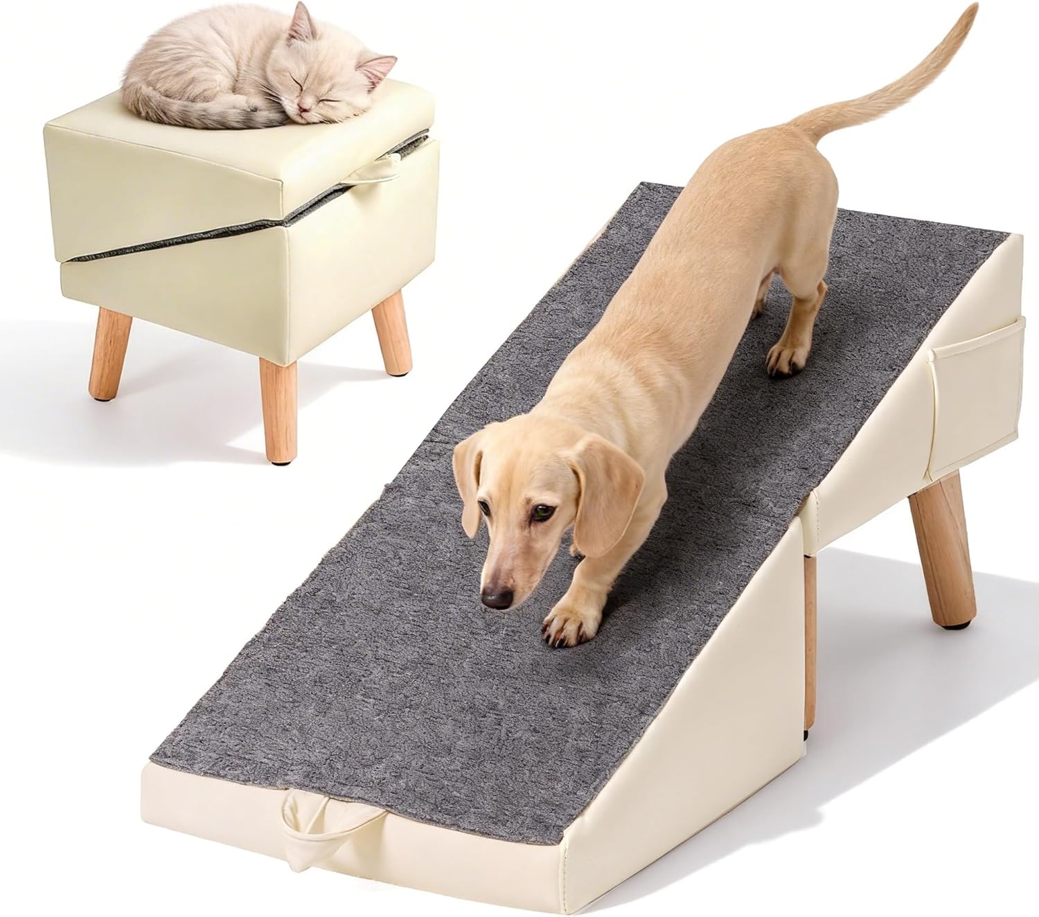 Dog Ramp for Couch, 2-in-1 Dog Stairs for Small Dogs & Cats, 11.81'' H Indoor Pet Ramp with 23°Gentle Slope, Non-Slip Felt, Joint Protection for Senior & Injured Pets, Sturdy Ottoman-Style Design