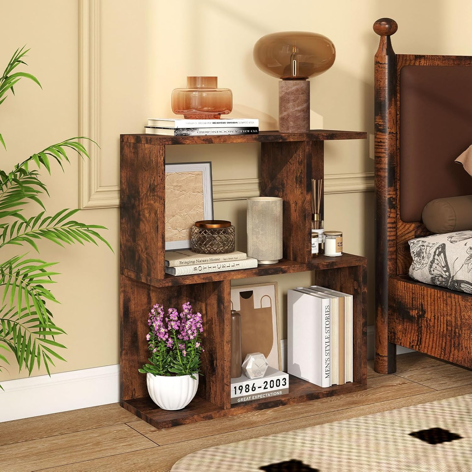 GOFLAME 3-Tier Geometric Bookcase, S-Shaped Book Shelf with 2 Open Back Compartments, Modern Display Rack, Wood Nightstand, Narrow Side Table for Living Room, Home Office, Rustic Brown