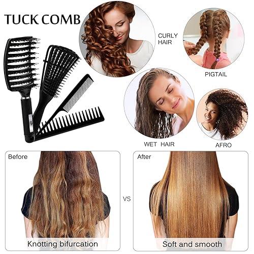 Vista 7 de Juego de 4 cepillos de pelo rizado para adultos y niños, cepillo para desenredar cabello 34ABC con peine de dientes anchos (4, negro)