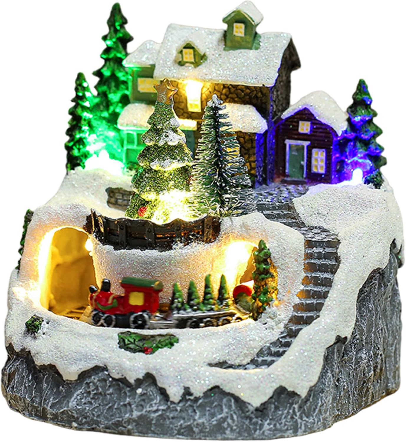Christmas Village Houses LED Lighted Musical Snow Christmas Houses with Train and Trees for Winter Xmas Holiday Tabletop Mantel Decor