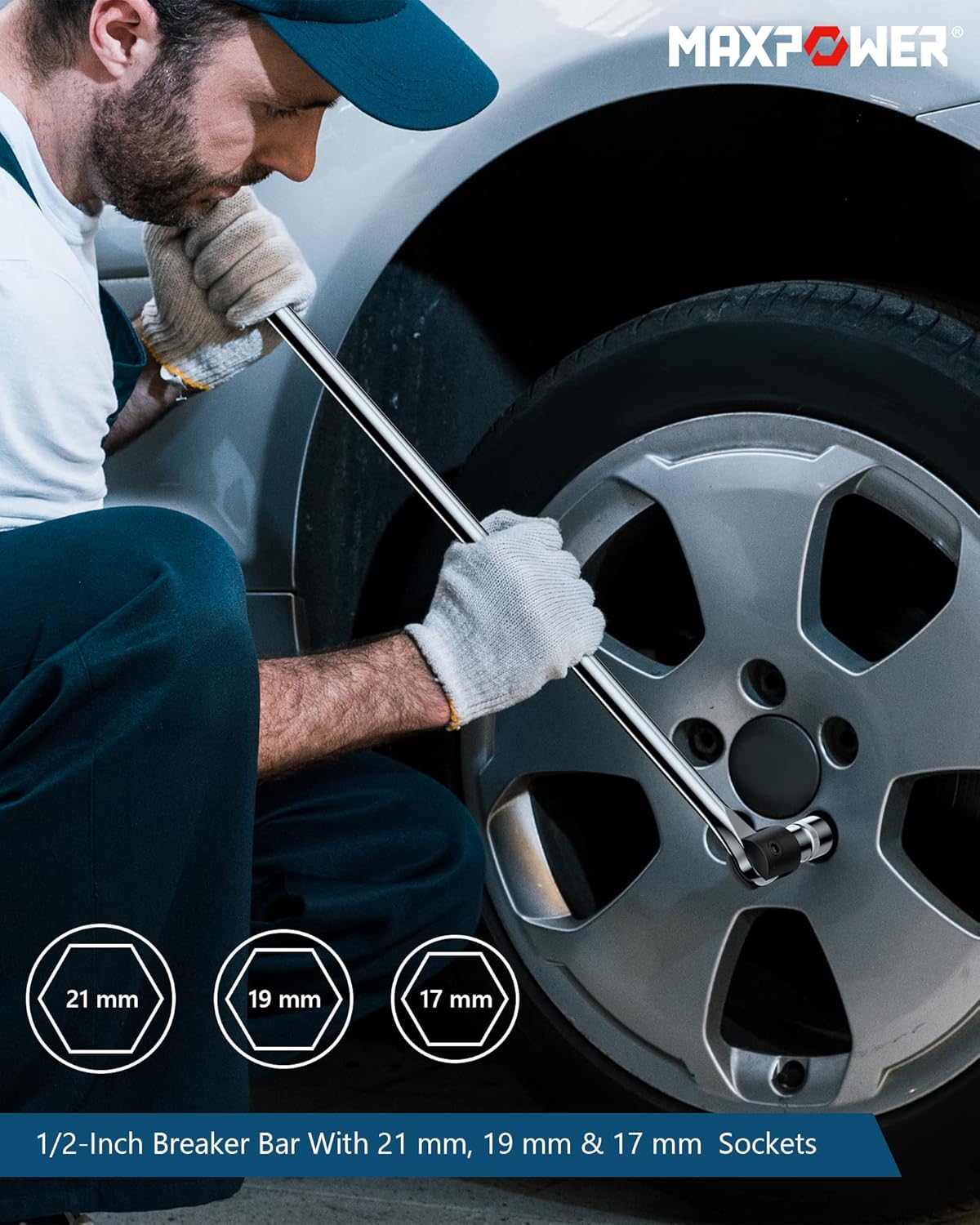 MAXPOWER 1/2-Inch Drive 24" Breaker Bar with 125mm Extension Bar, and 3- piece Sockets Including 17 mm, 19 mm, and 21 mm