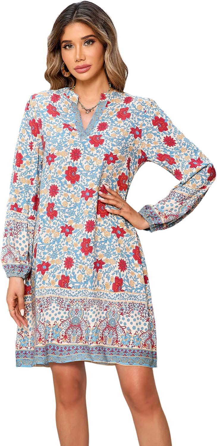 R.Vivimos Women's Long Sleeve Boho Tunic Dress V Neck Floral Print Casual Loose Patchwork Hem Mini Dress