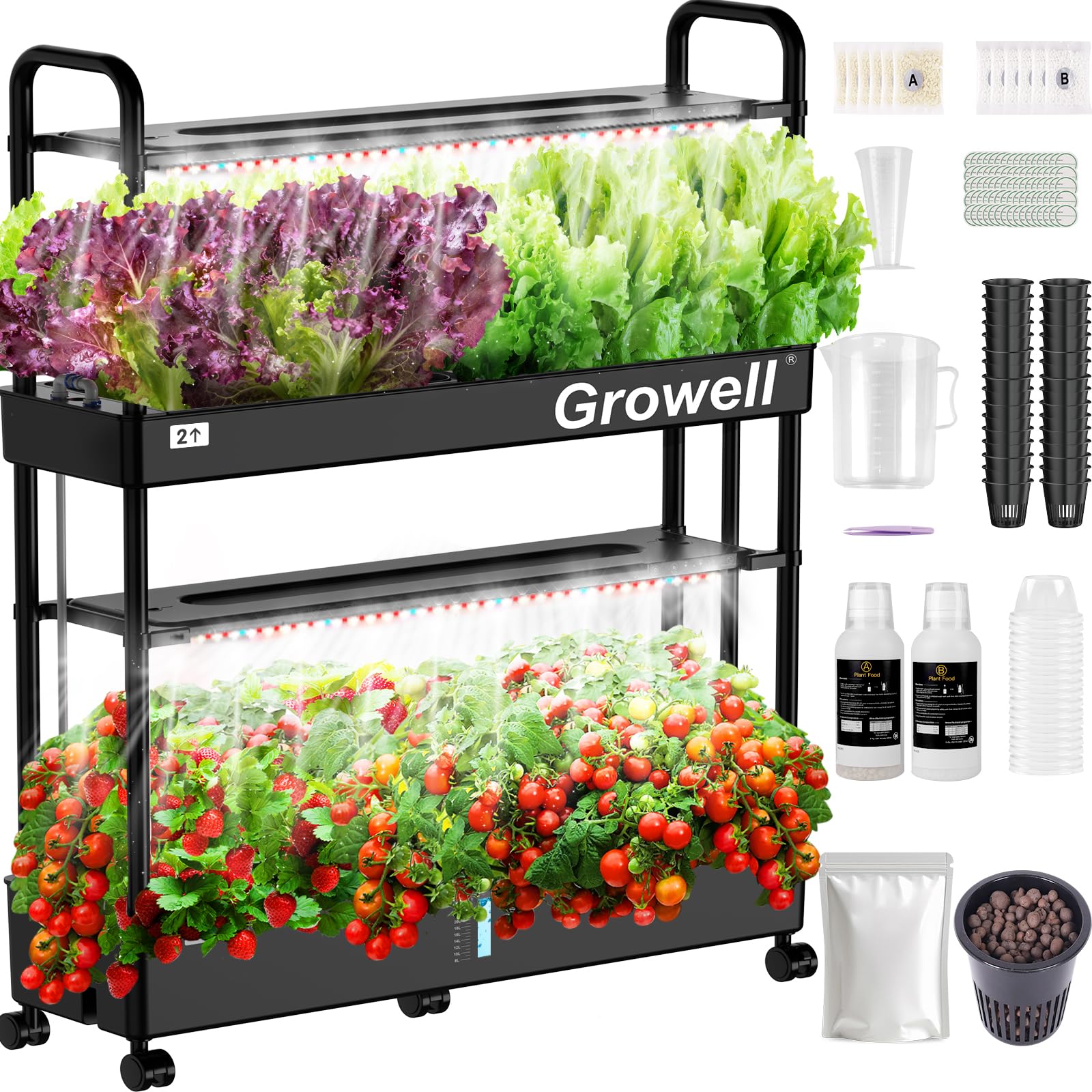 Growell Kit de sistema de cultivo hidropónico de 2 niveles, 32 cápsulas, jardín hidropónico vertical grande, sistema de jardinería interior de 32 litros para hierbas, verduras, frutas, con 2 modos de