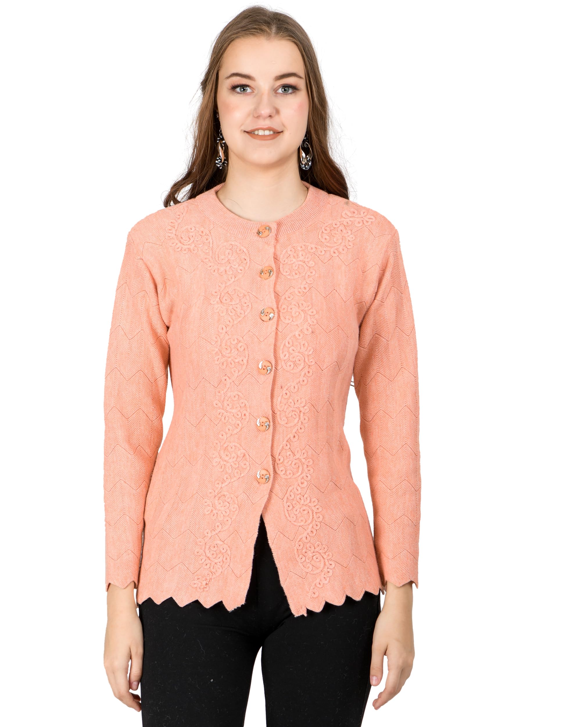 Women Woolen Round Neck Sweater Heavy Front Long Kadai Cardigan Winter Wear Pure Wool Cardigan for Women Free Size Cotty Warm Cardigans with Side Pockets (3XL, Peach)-image-9