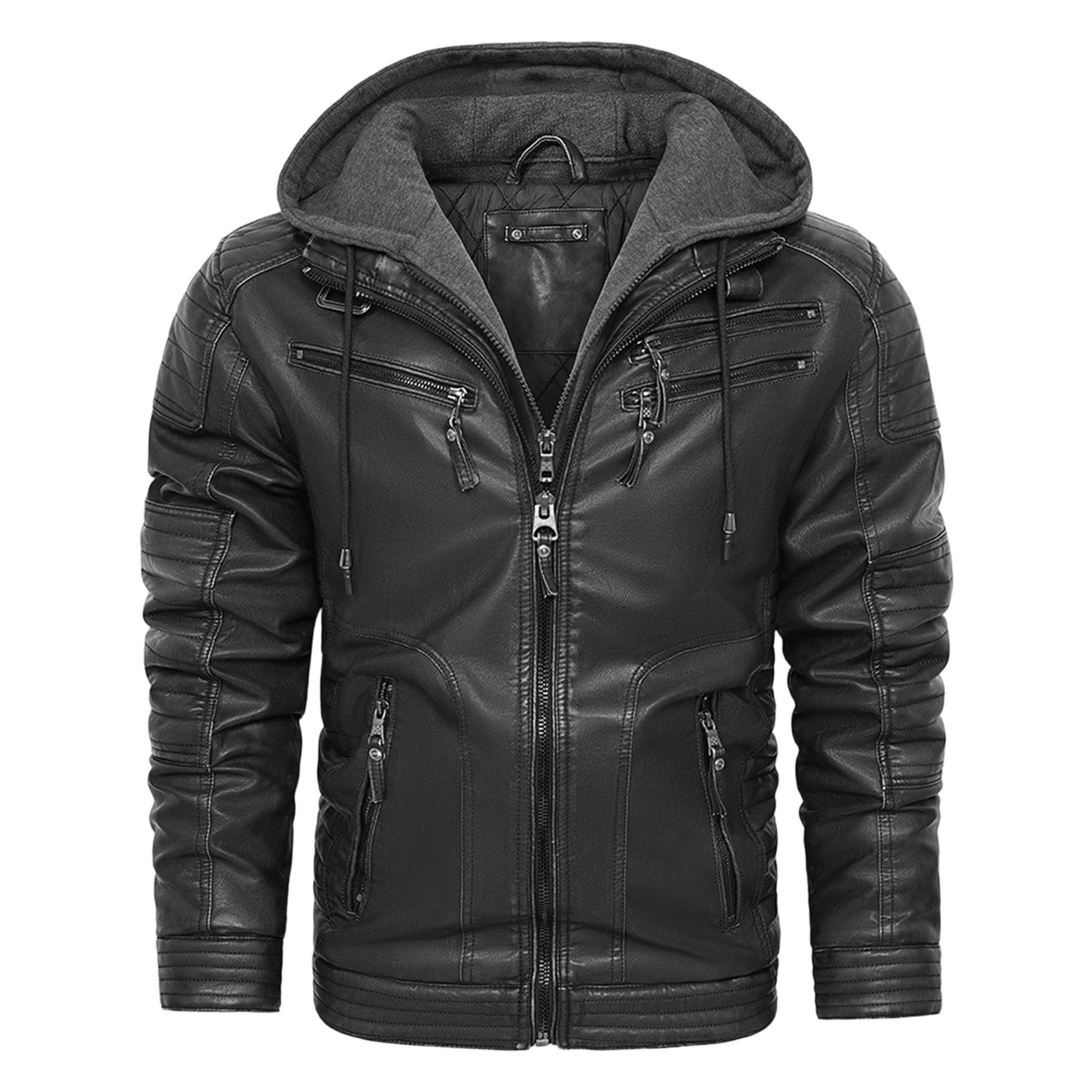 Chaqueta de motociclista retro de piel sintética para hombre, con cuello alto, cremallera y capucha extraíble, ropa abrigo informal