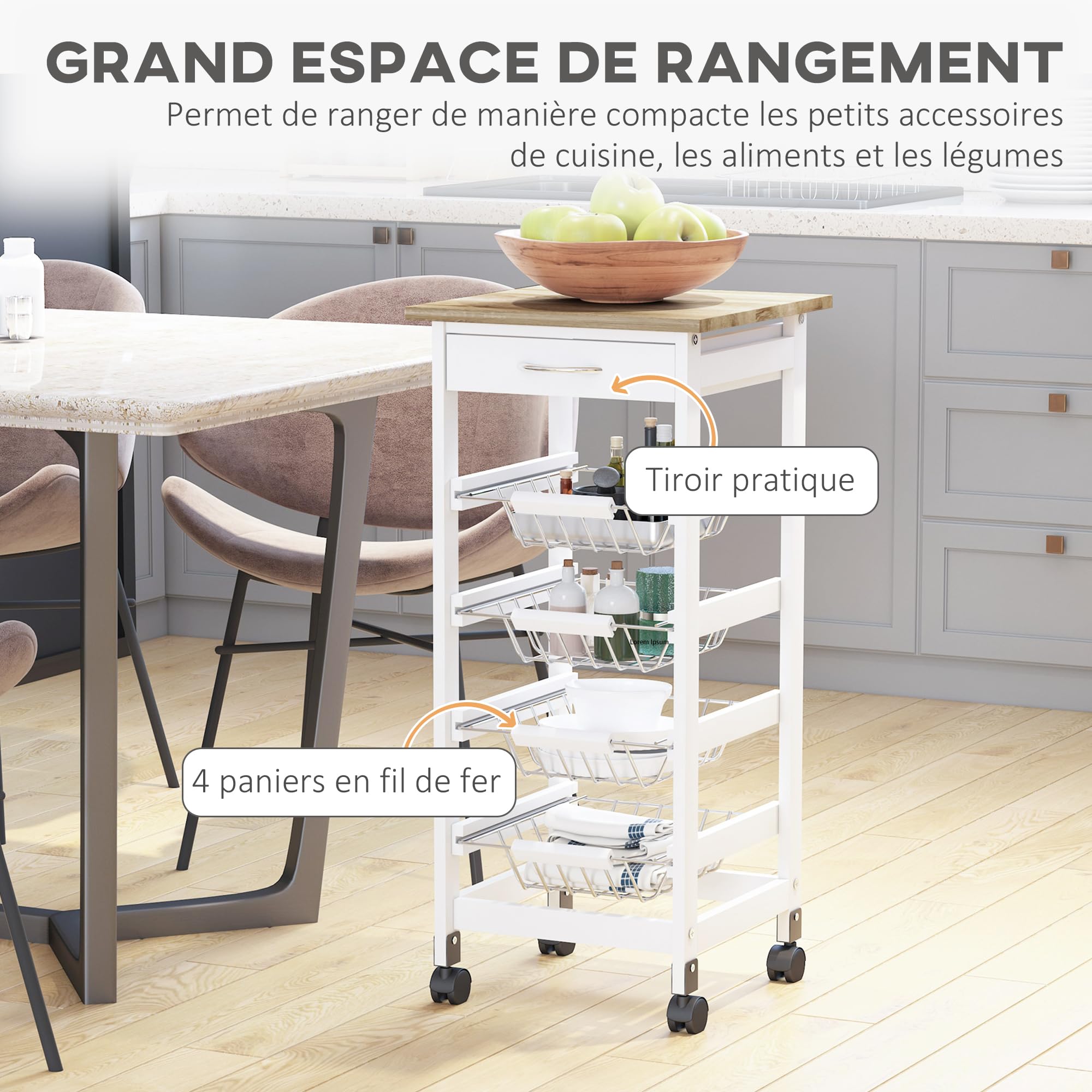 HOMCOM Desserte Cuisine à roulettes, 4 Paniers Métal + Tiroir, Blanc | Chariot de Cuisine, Chariot de Service, Rangement Légumes, Petit Espace, Salle de Bain, Bois de Pin