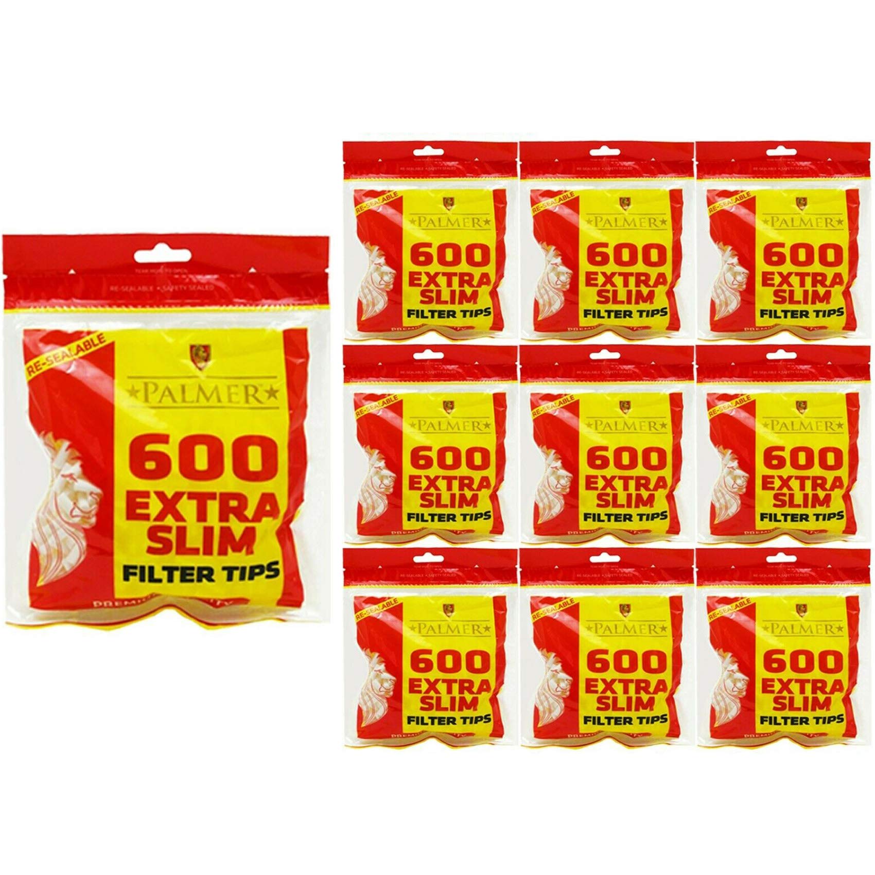 600-15000 x PALMER Cigarette Tobacco Filter EXTRA SLIM ULTRA Tips Rolling Paper Resealable Yellow Red Bags Smoking UK FREE P&P (10x Pack (6000 Filter Tips))