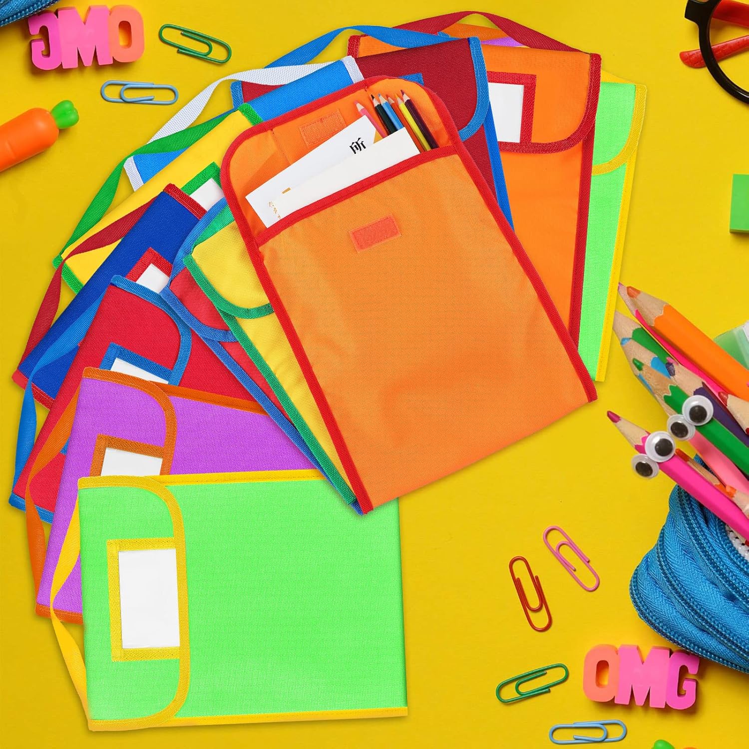 Lincia 16 Pcs Nylon Book Pouch Bags with Stitched Handle and Clear Name Tag Pockets, Book Bags for Kids, Classroom, School, Homework, Protector Store Reading Supplies, 11.8 x 9.8 Inch
